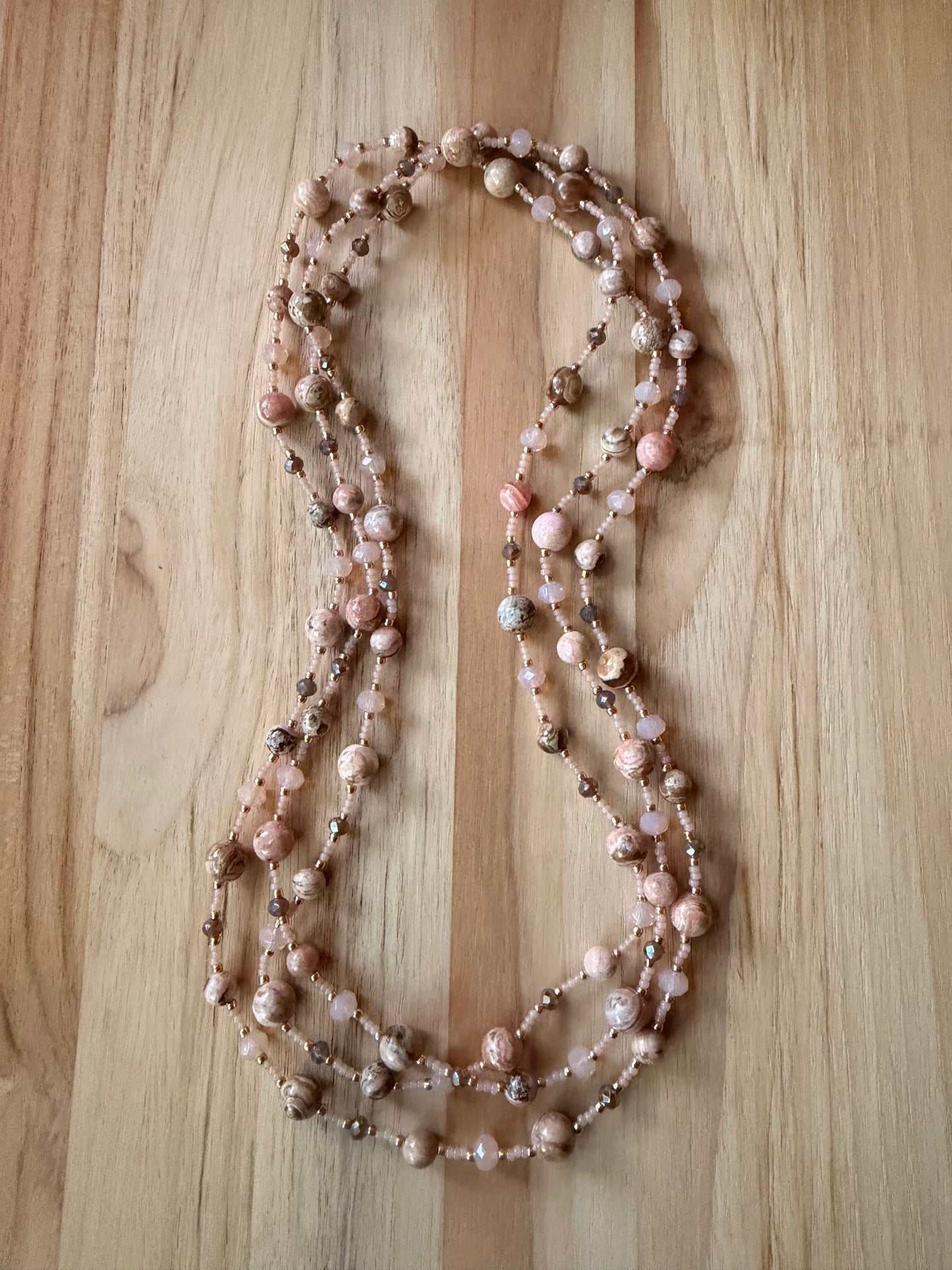 60” Extra Long Wraparound Style Rhodochrosite Necklace with Crystal Beads