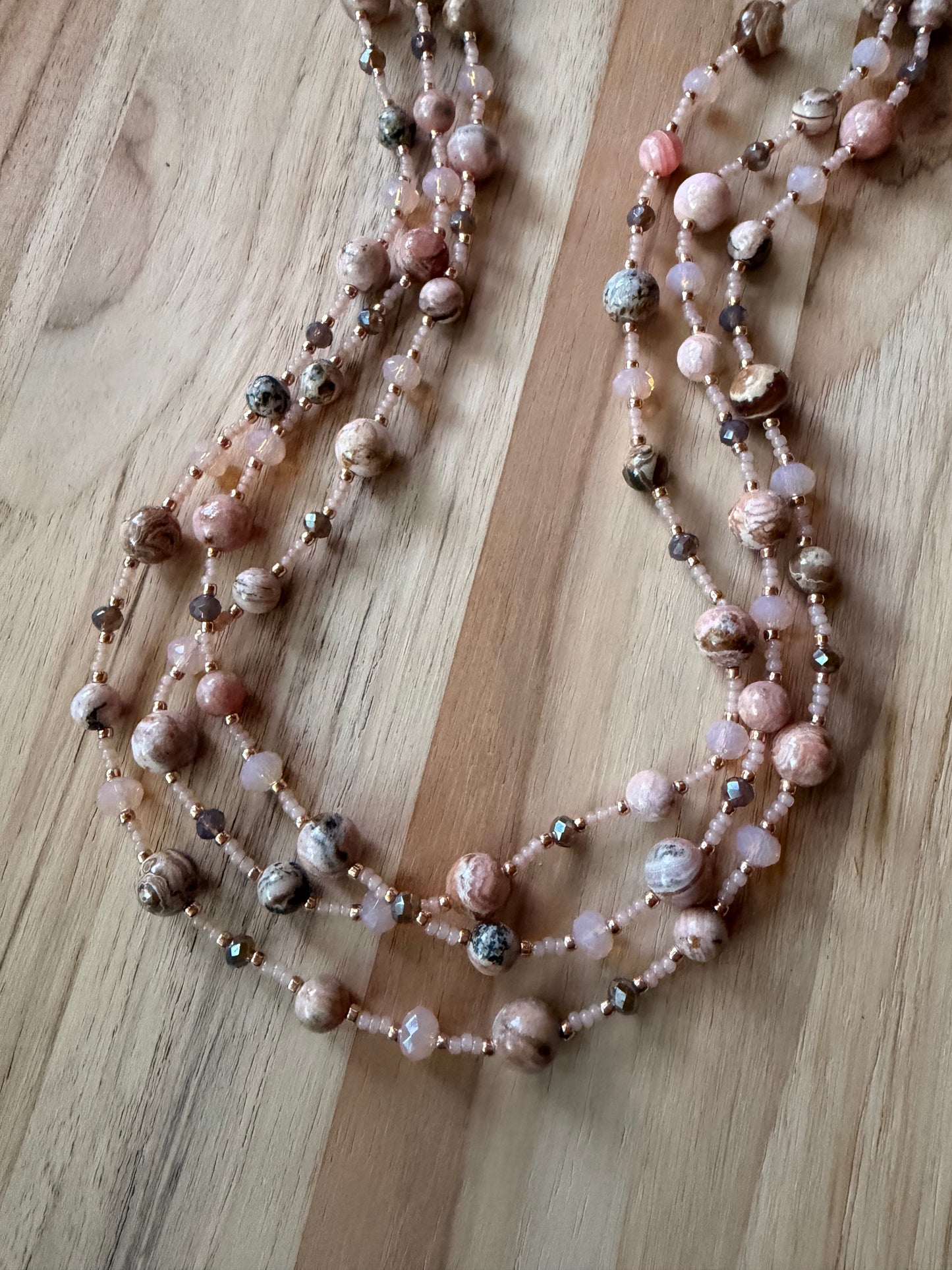 60” Extra Long Wraparound Style Rhodochrosite Necklace with Crystal Beads