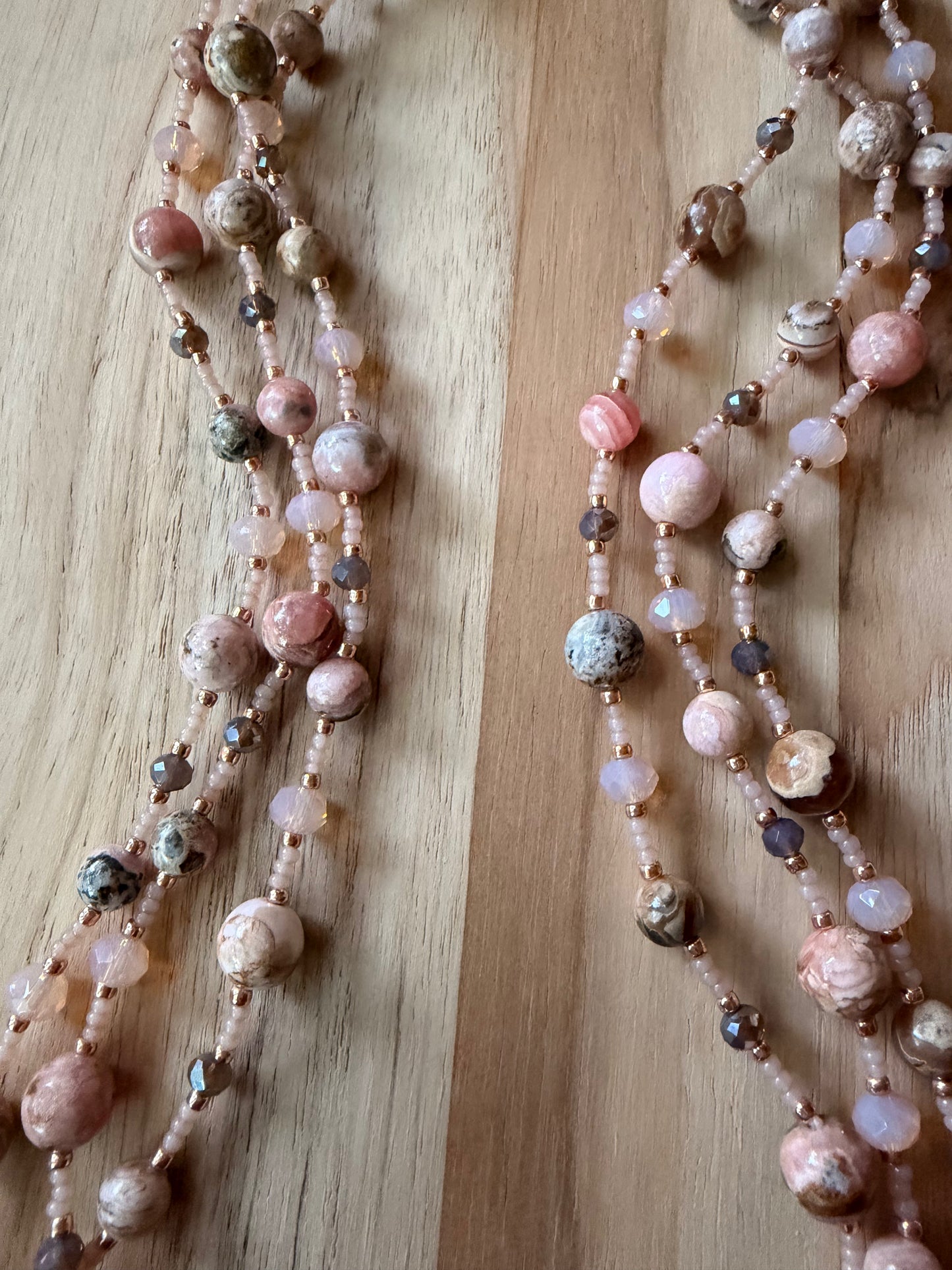 60” Extra Long Wraparound Style Rhodochrosite Necklace with Crystal Beads