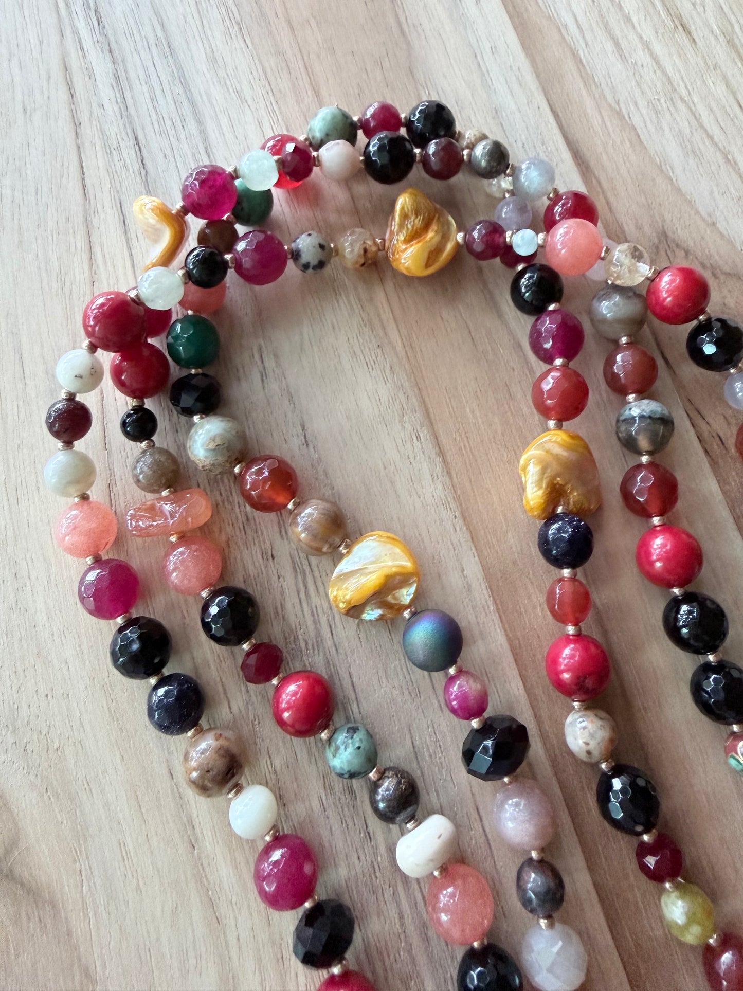 60” Extra Long Wraparound Multi-gemstone Necklace with Crystal Beads