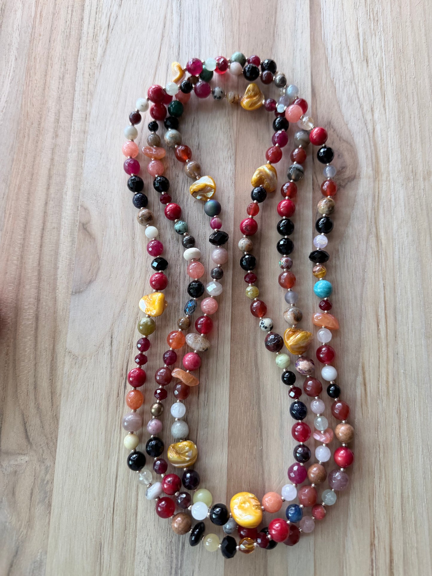 60” Extra Long Wraparound Multi-gemstone Necklace with Crystal Beads