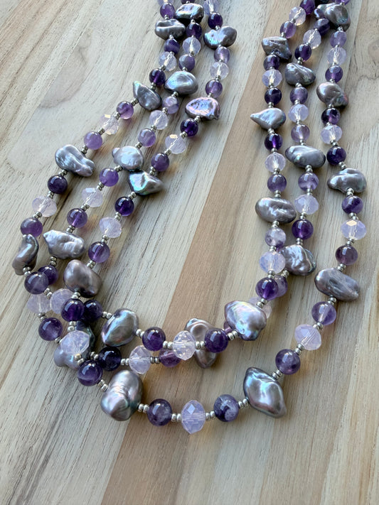 60” Extra Long Wraparound Necklace with Freshwater Pearls Amethyst and Crystal Beads