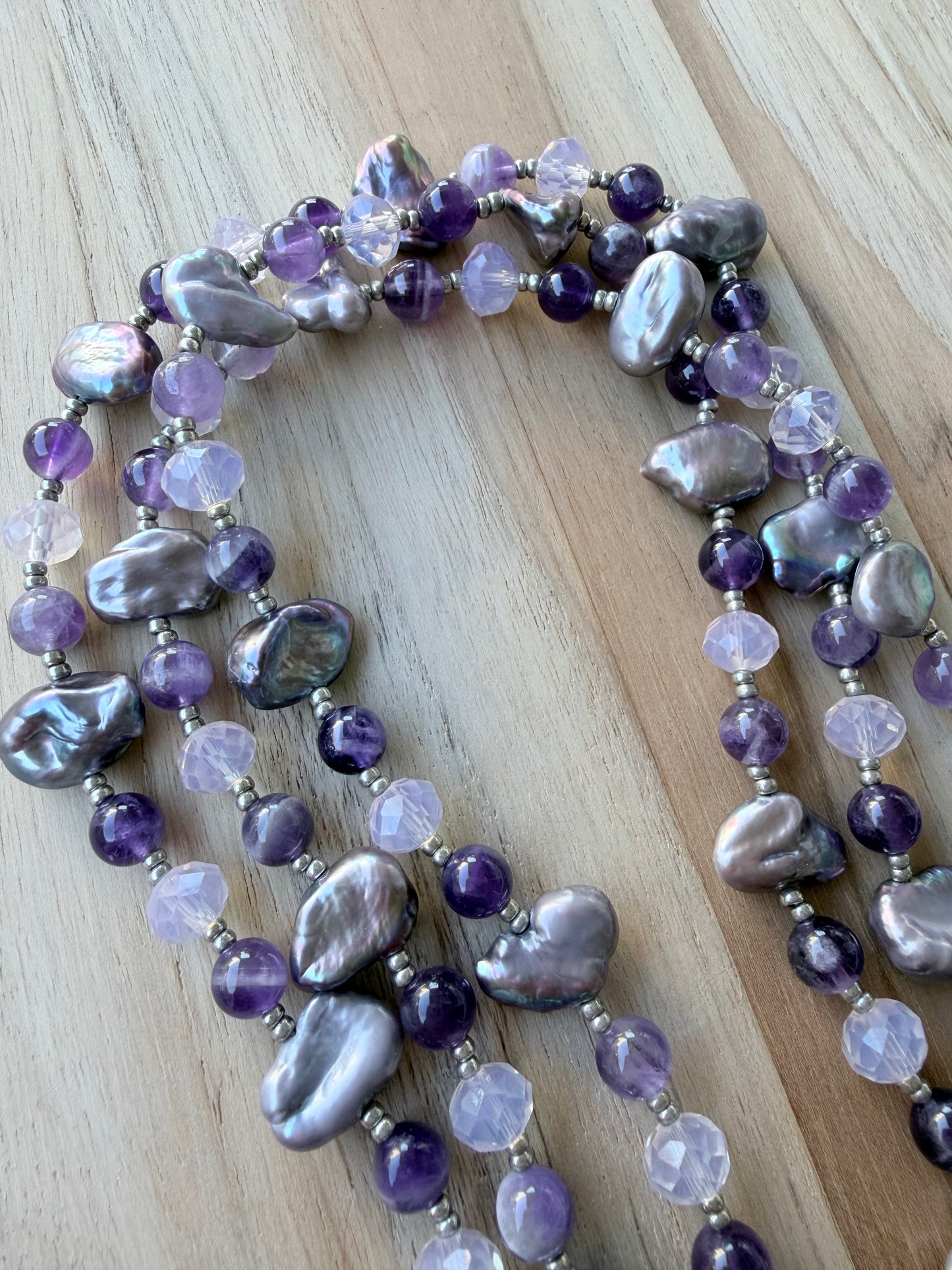 60” Extra Long Wraparound Necklace with Freshwater Pearls Amethyst and Crystal Beads