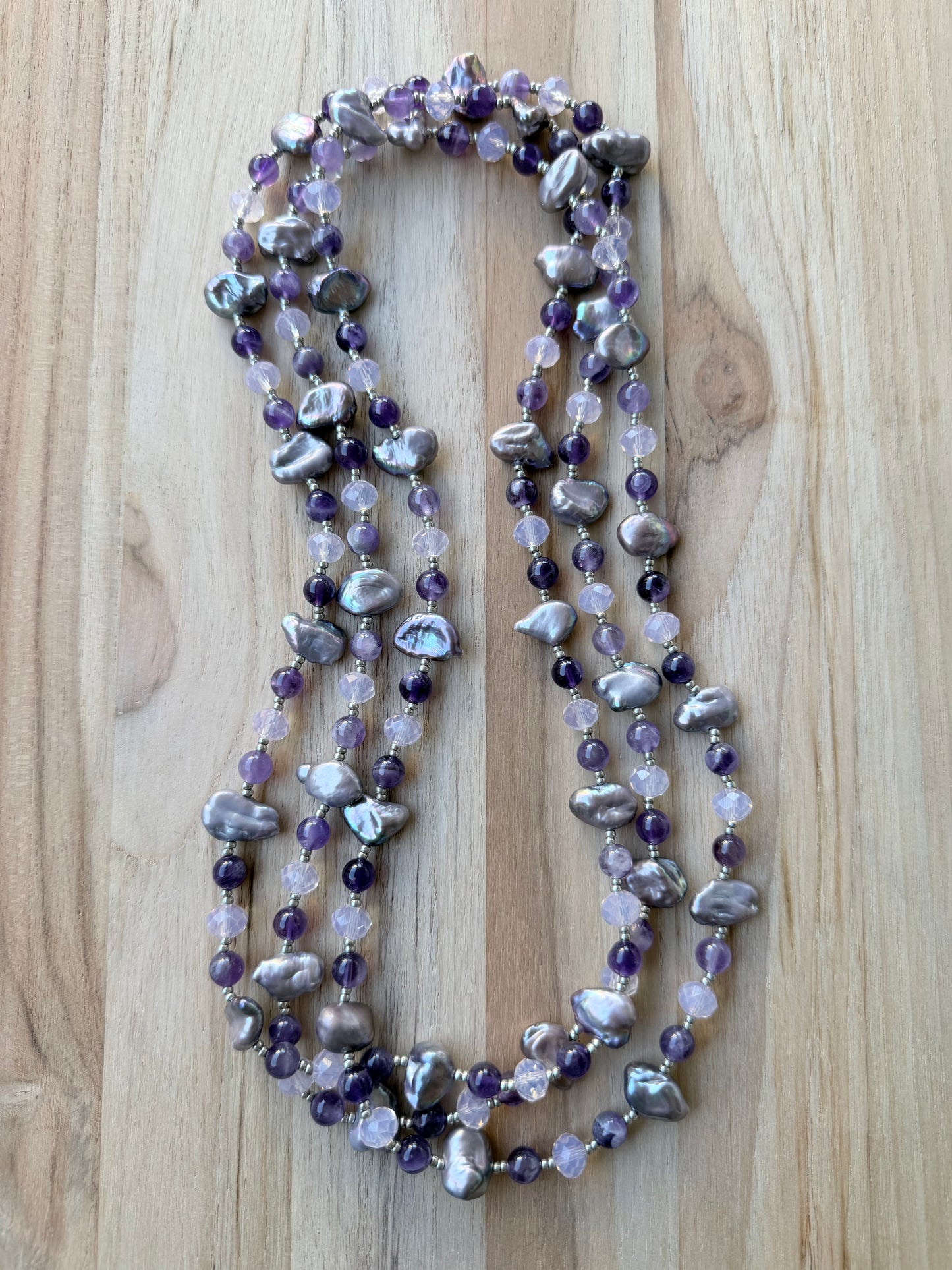 60” Extra Long Wraparound Necklace with Freshwater Pearls Amethyst and Crystal Beads