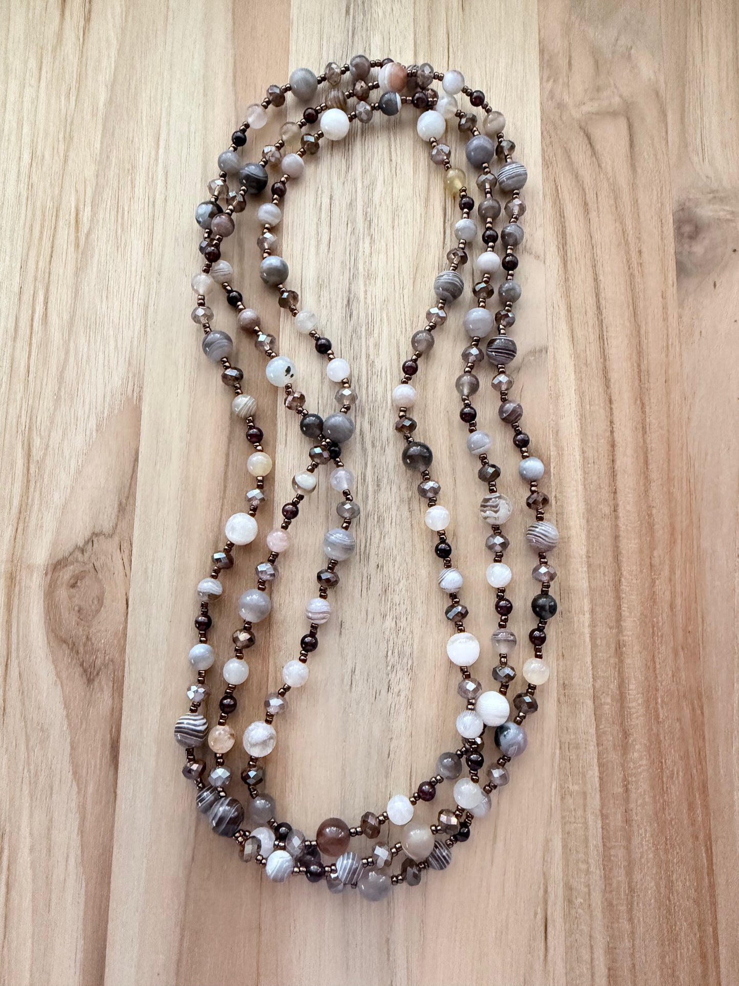 60” Extra Long Wraparound Botswana Agate Necklace with Garnet and Crystal Beads
