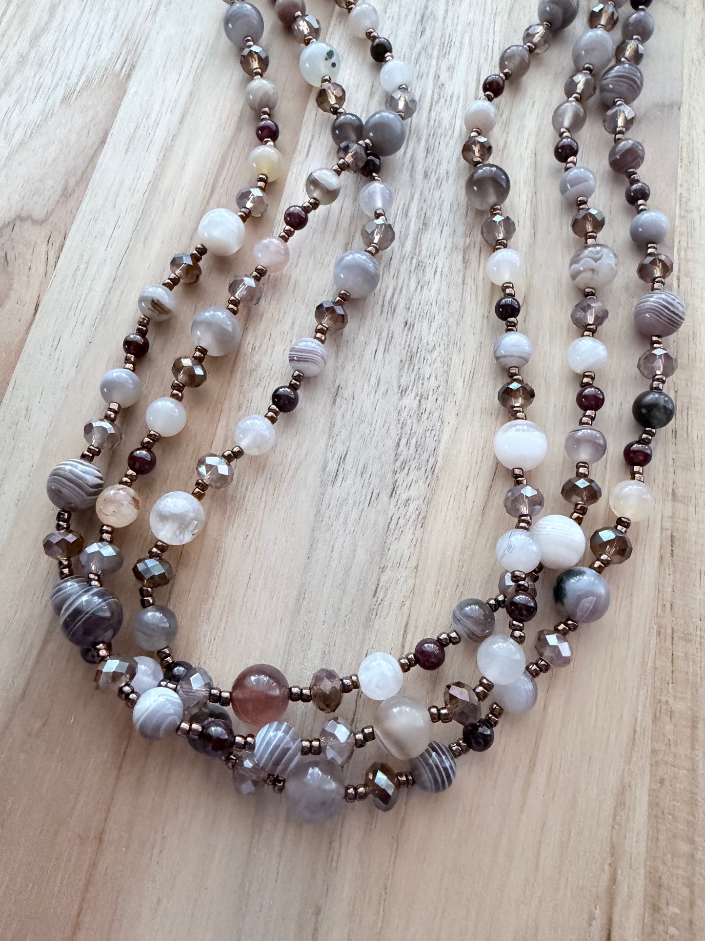60” Extra Long Wraparound Botswana Agate Necklace with Garnet and Crystal Beads