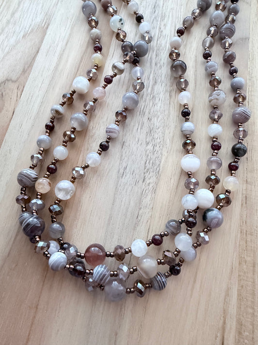 60” Extra Long Wraparound Botswana Agate Necklace with Garnet and Crystal Beads