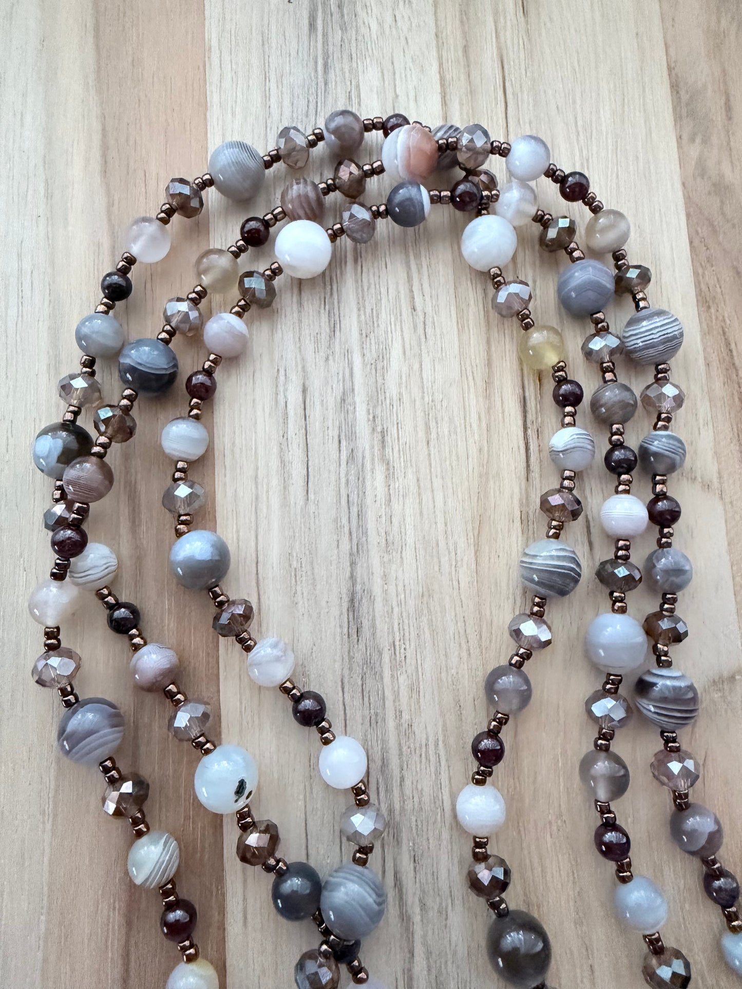 60” Extra Long Wraparound Botswana Agate Necklace with Garnet and Crystal Beads