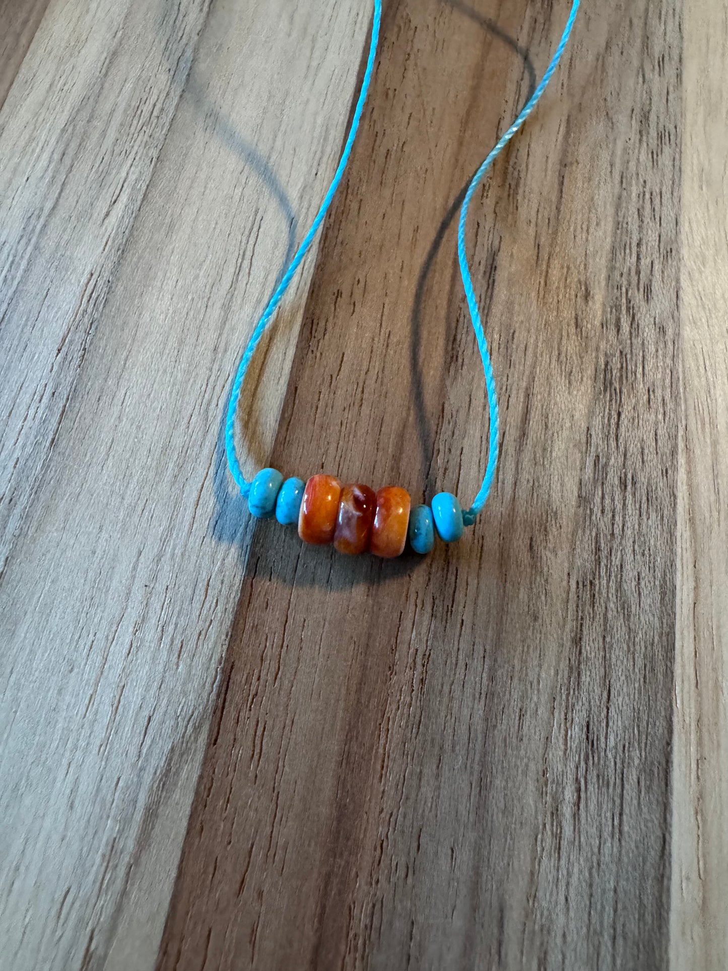 Orange Spiny Oyster and Turquoise Minimalist Floating Necklace ~ Stainless Steel Clasp