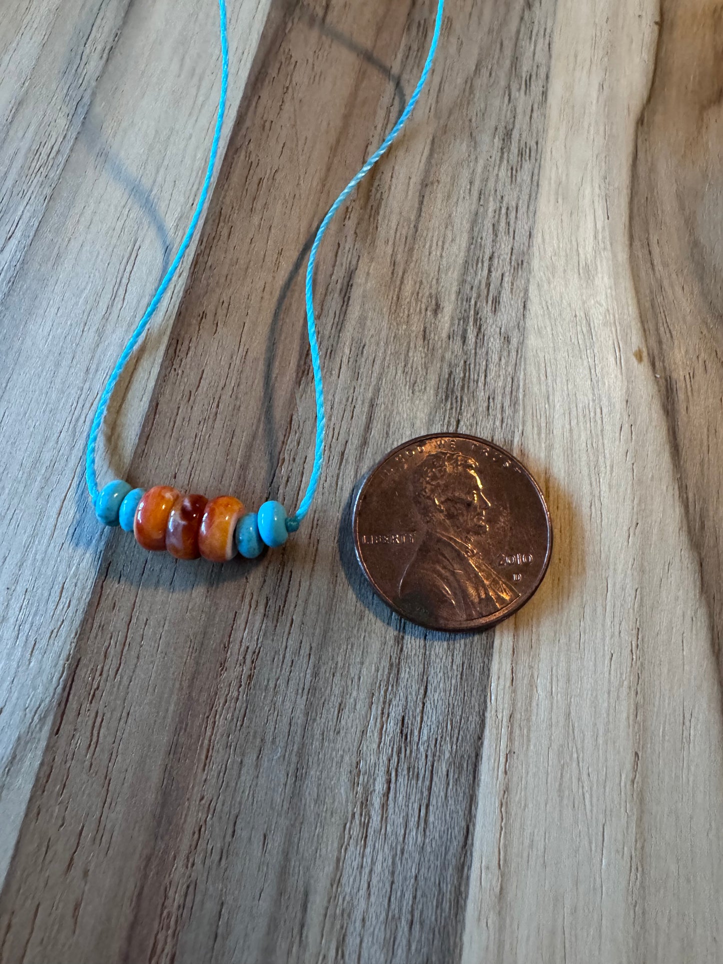 Orange Spiny Oyster and Turquoise Minimalist Floating Necklace ~ Stainless Steel Clasp