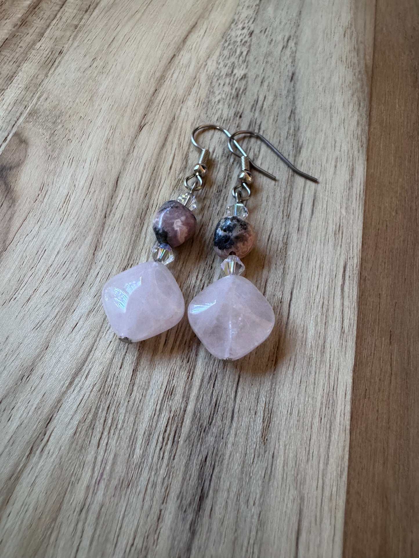 Rose Quartz and Rhodonite Dangle Earrings with Crystal Accents