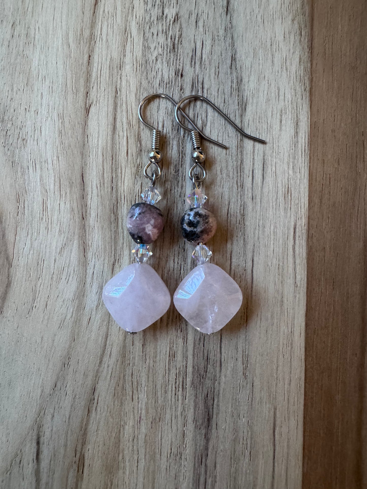 Rose Quartz and Rhodonite Dangle Earrings with Crystal Accents