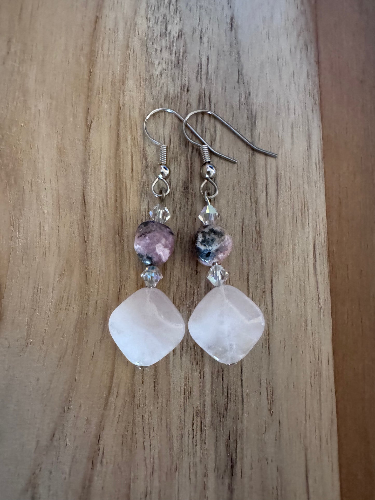 Rose Quartz and Rhodonite Dangle Earrings with Crystal Accents