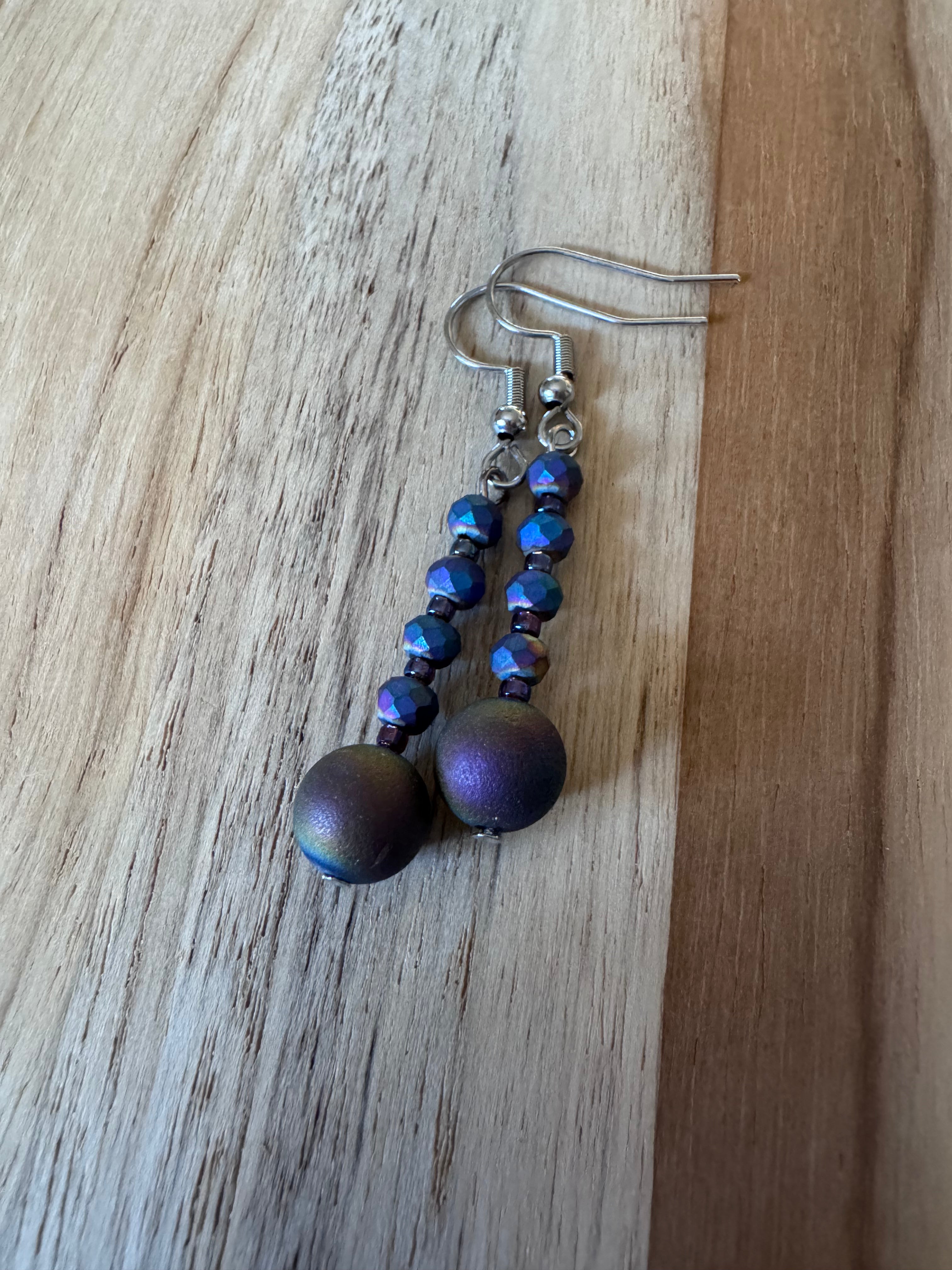 Purple Rainbow Druzy Dangle Earrings with Crystal Beads