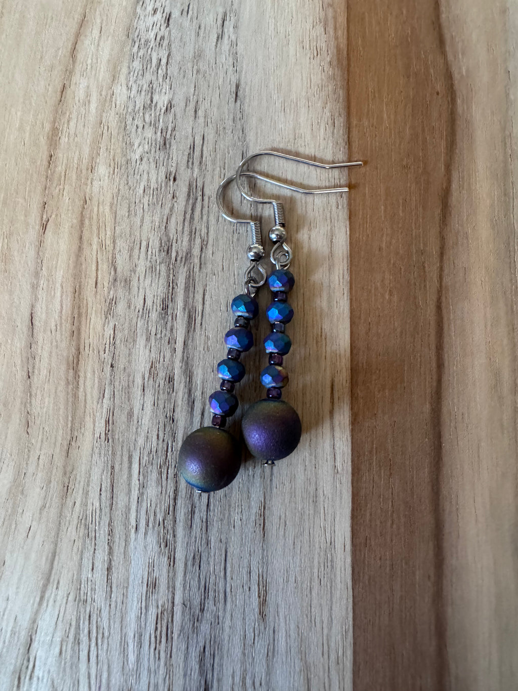 Purple Rainbow Druzy Dangle Earrings with Crystal Beads