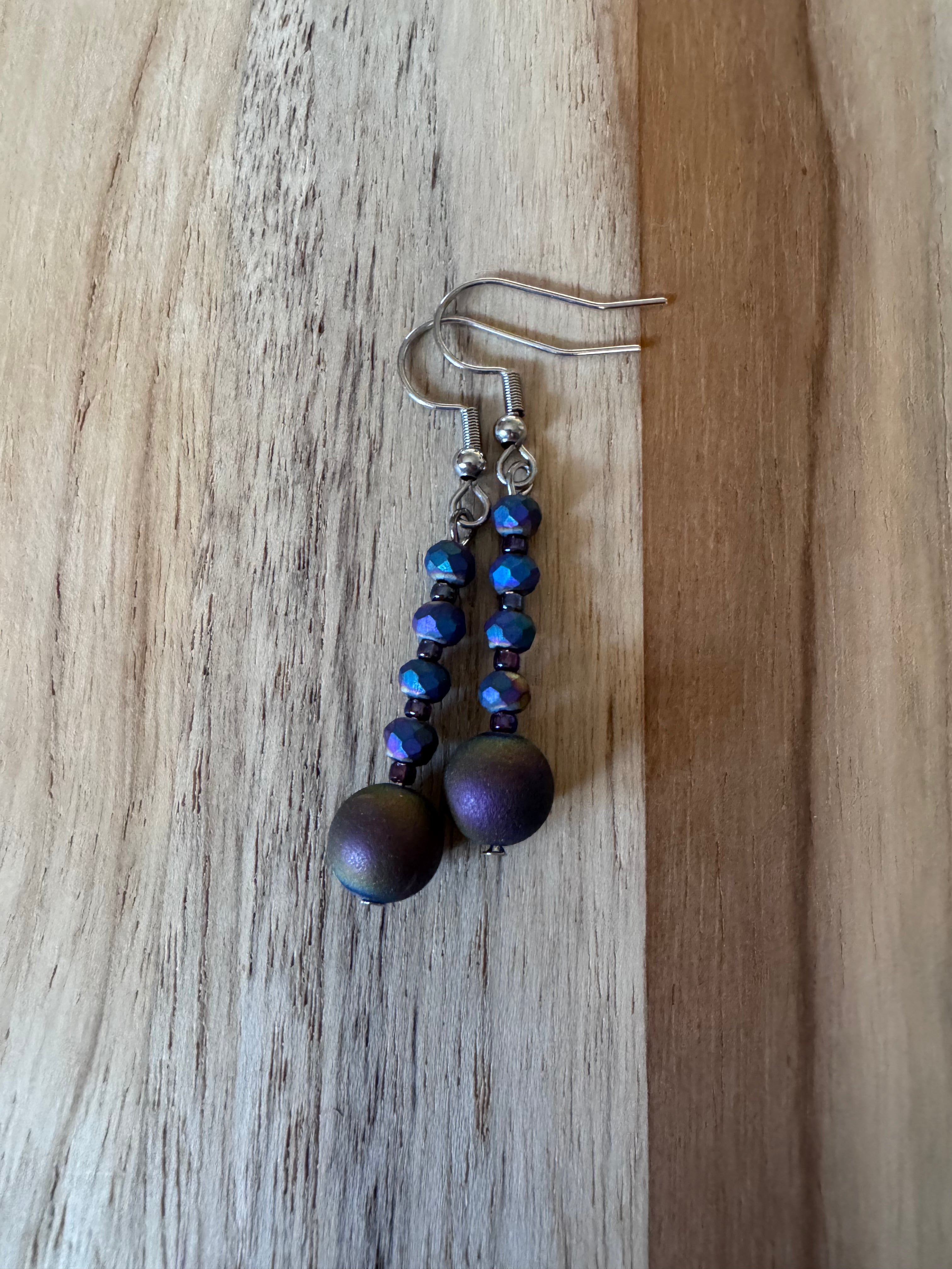 Purple Rainbow Druzy Dangle Earrings with Crystal Beads