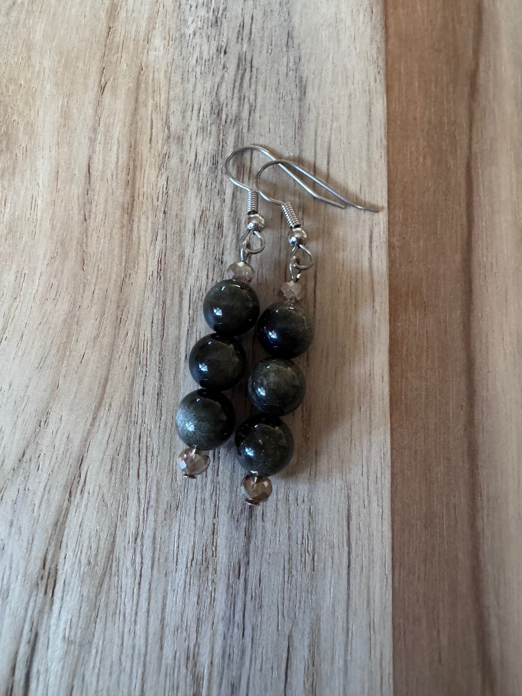 Gold Obsidian Beaded Dangle Earrings with Crystal Accent Beads