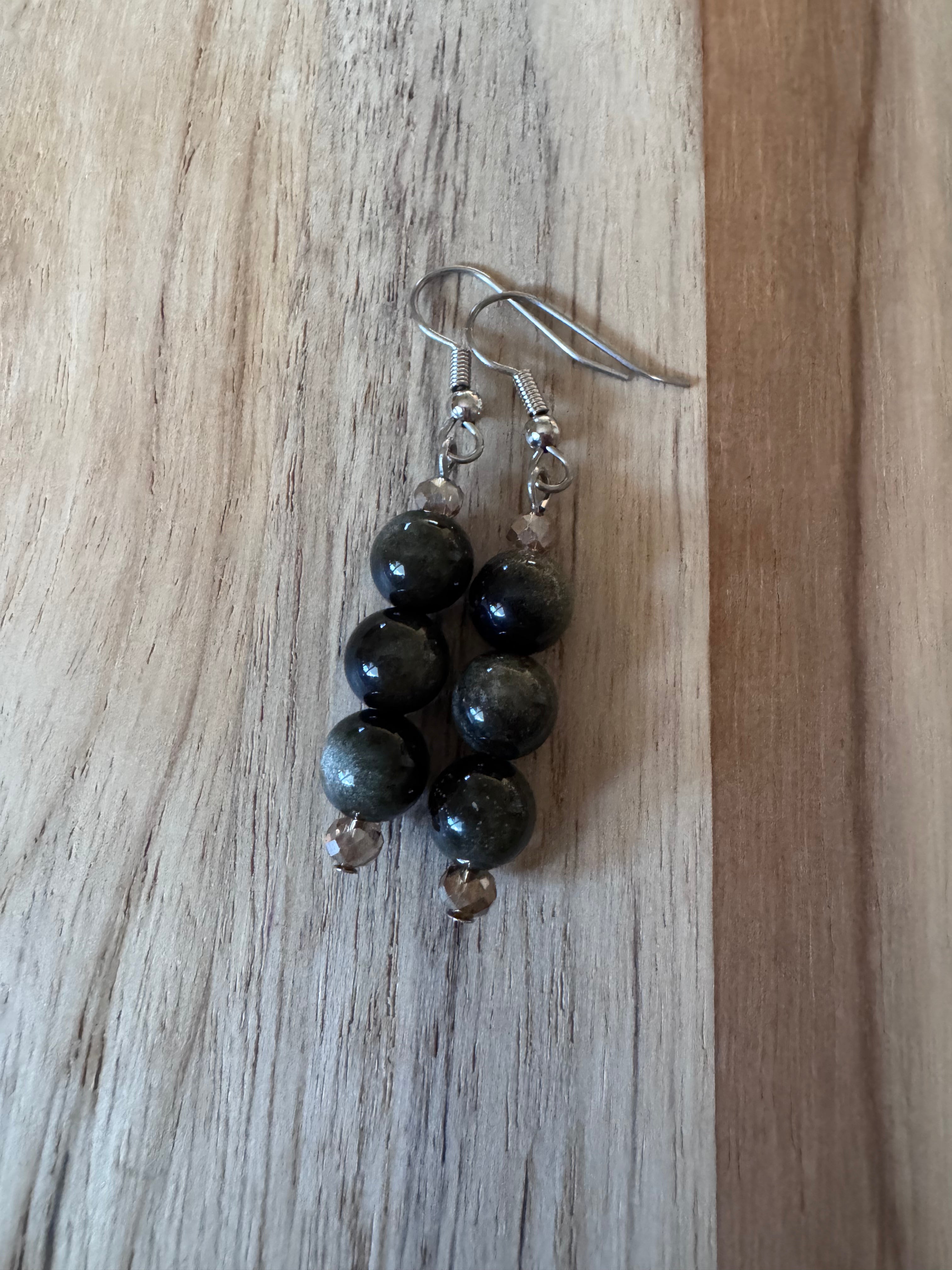 Gold Obsidian Beaded Dangle Earrings with Crystal Accent Beads