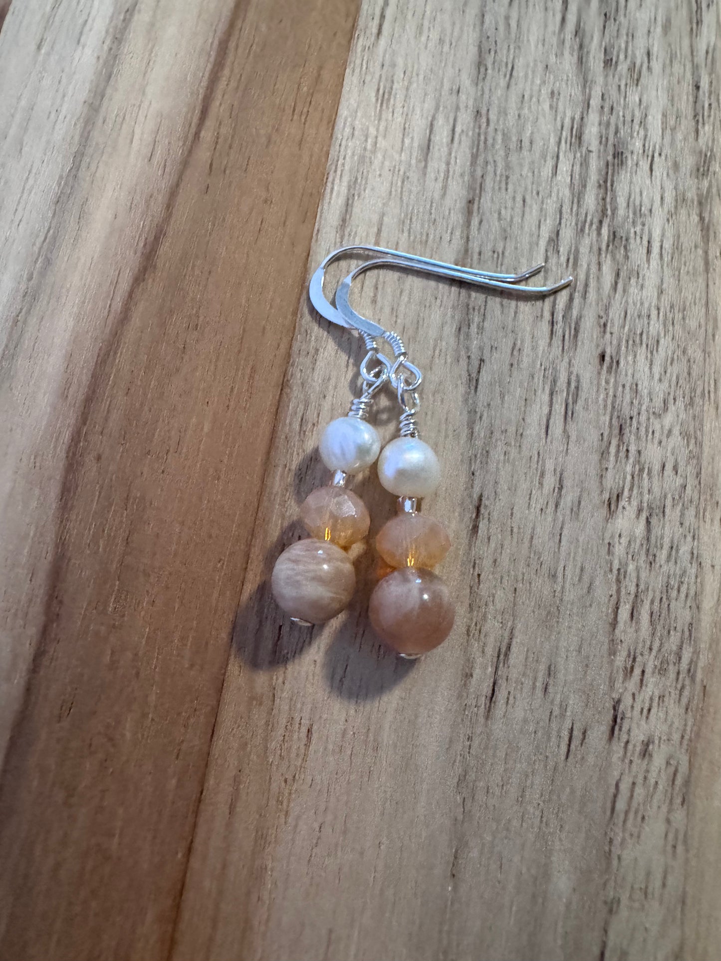 Dainty Sunstone Dangle Earrings with White Pearls and Crystals