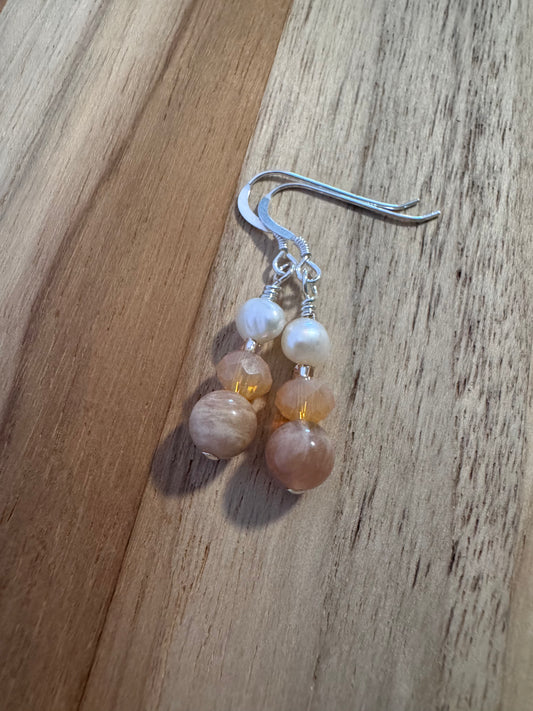 Dainty Sunstone Dangle Earrings with White Pearls and Crystals