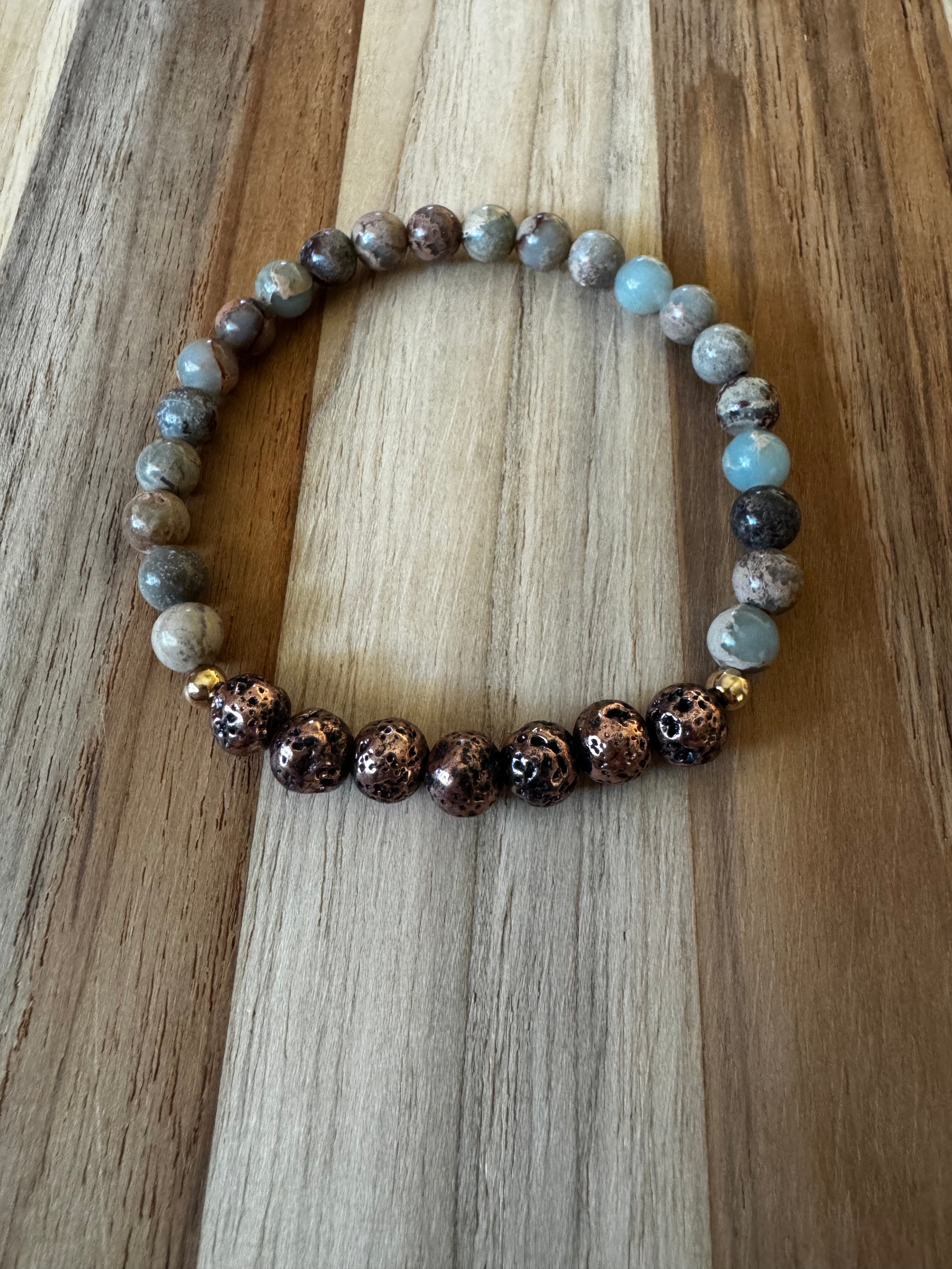 Shoushan Stone Stretch Bracelet with Lave Stone and Gold Beads ~ 6.5”