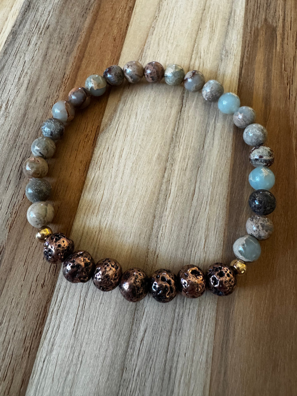 Shoushan Stone Stretch Bracelet with Lave Stone and Gold Beads ~ 6.5”