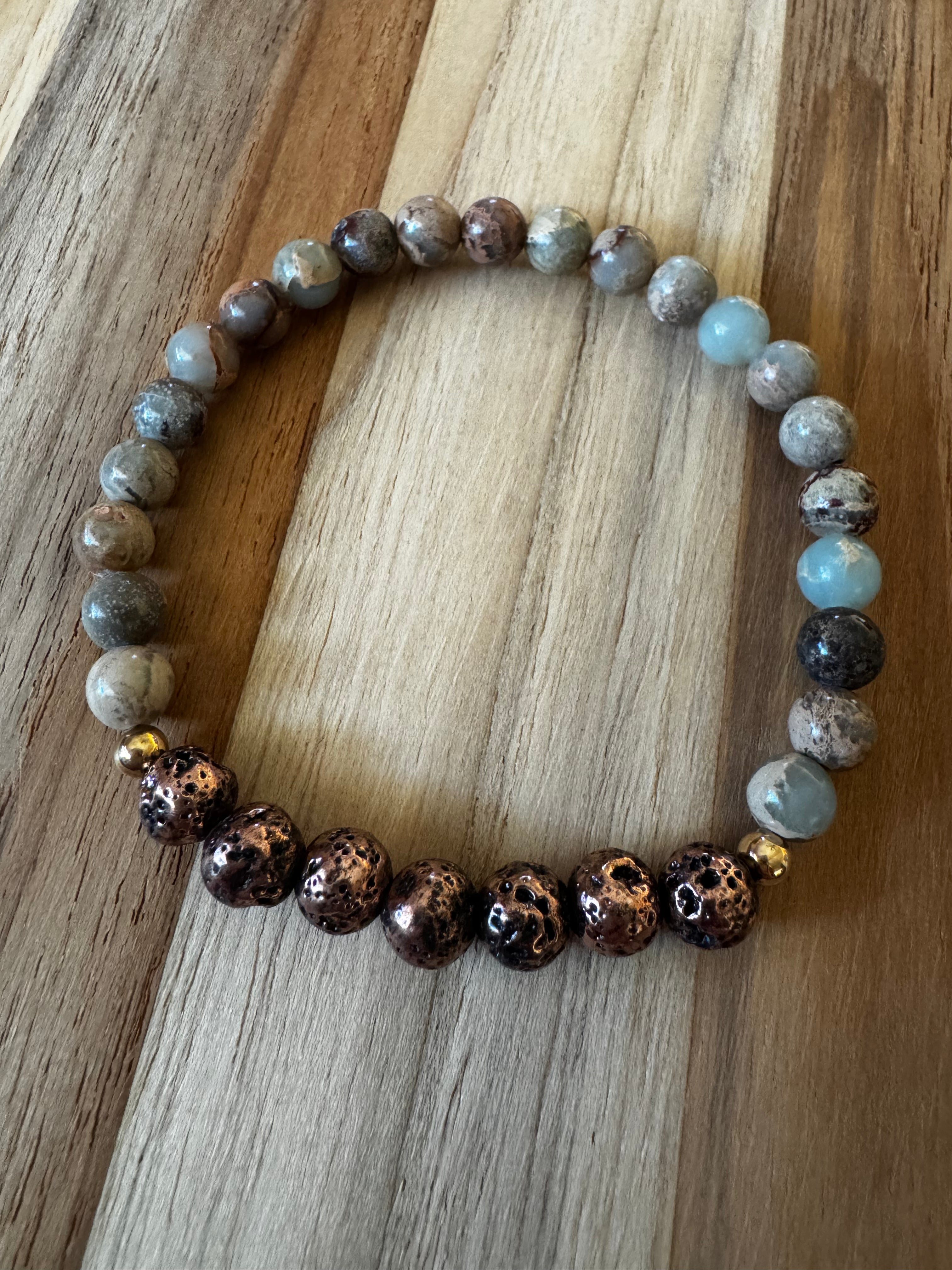 Shoushan Stone Stretch Bracelet with Lave Stone and Gold Beads ~ 6.5”