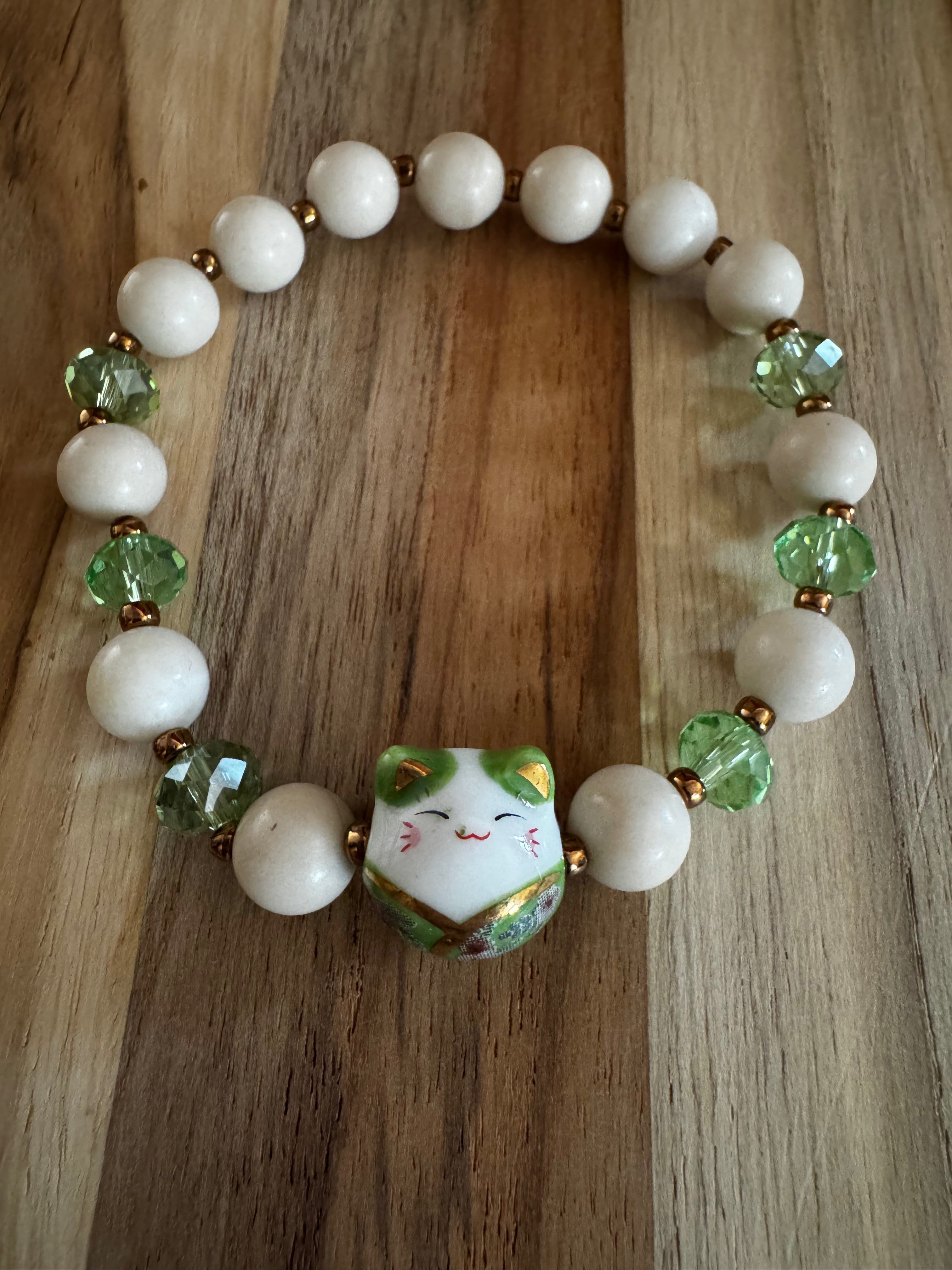 Lucky Cat Stretch Bracelet with Riverstone and Crystal Beads