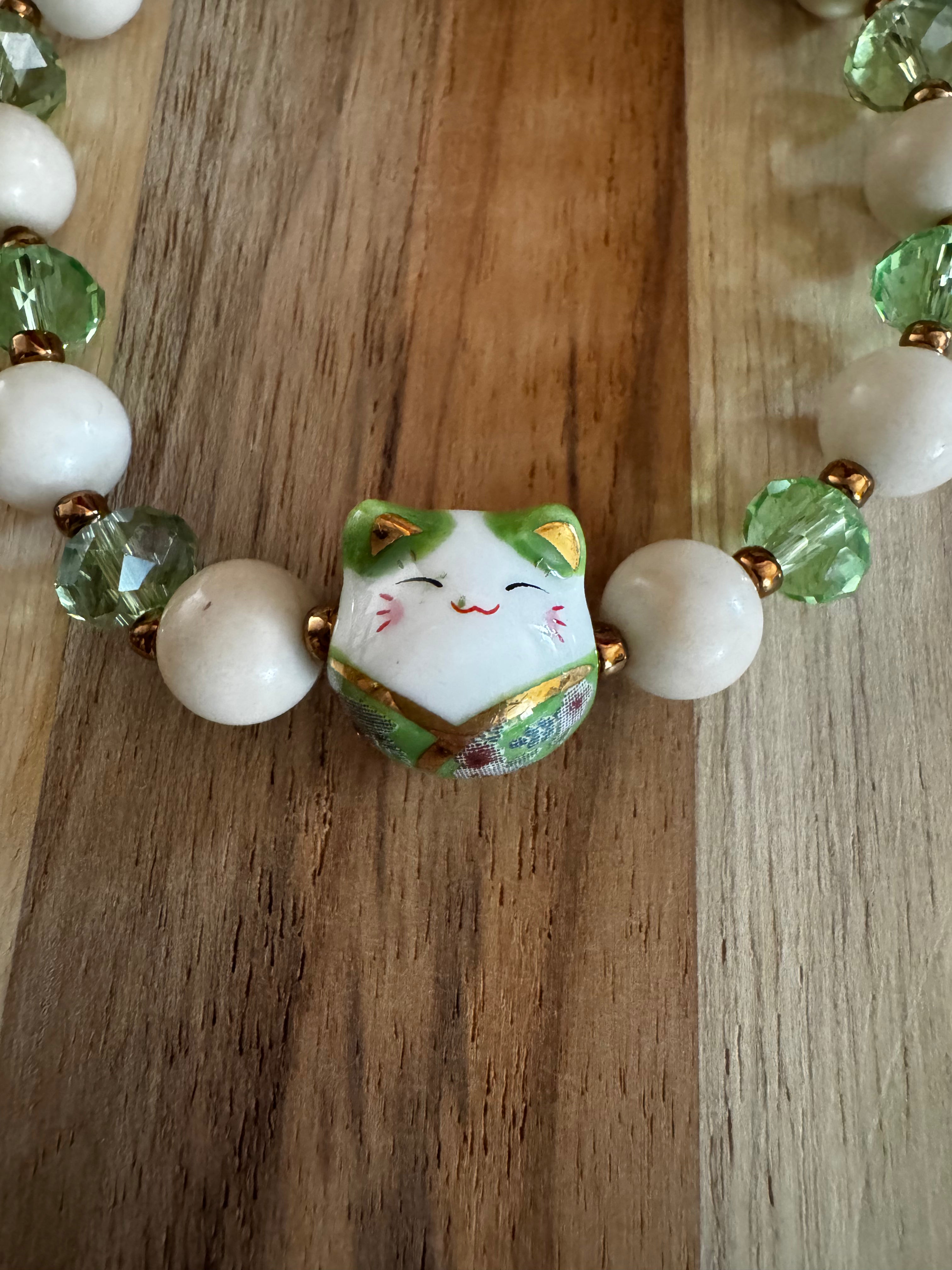 Lucky Cat Stretch Bracelet with Riverstone and Crystal Beads