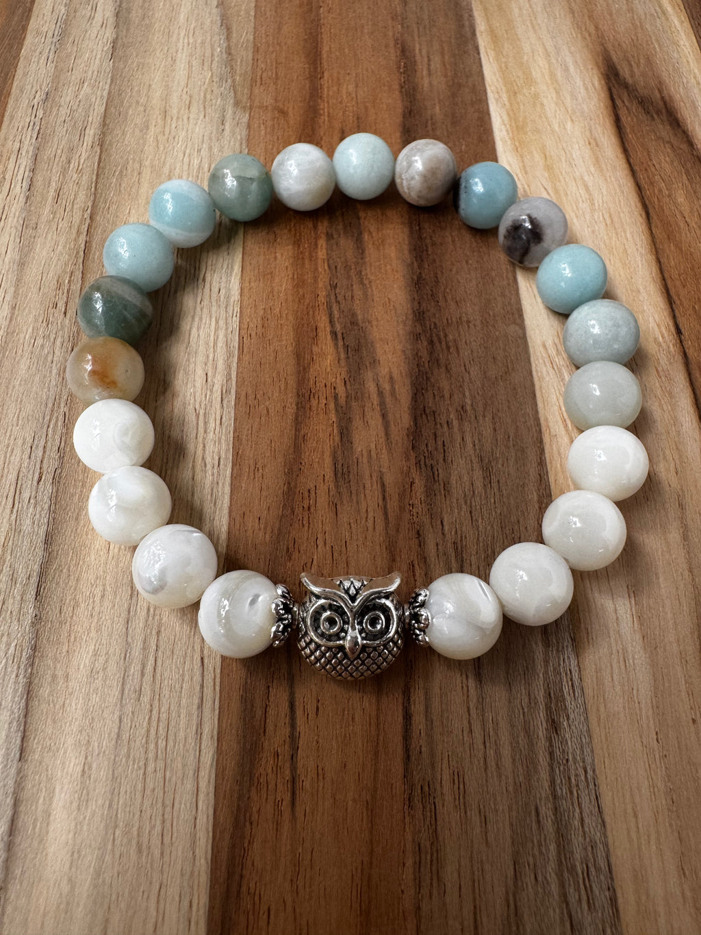 Owl Stretch Bracelet with Mother of Pearl and Amazonite Beads 7” 8mm beads