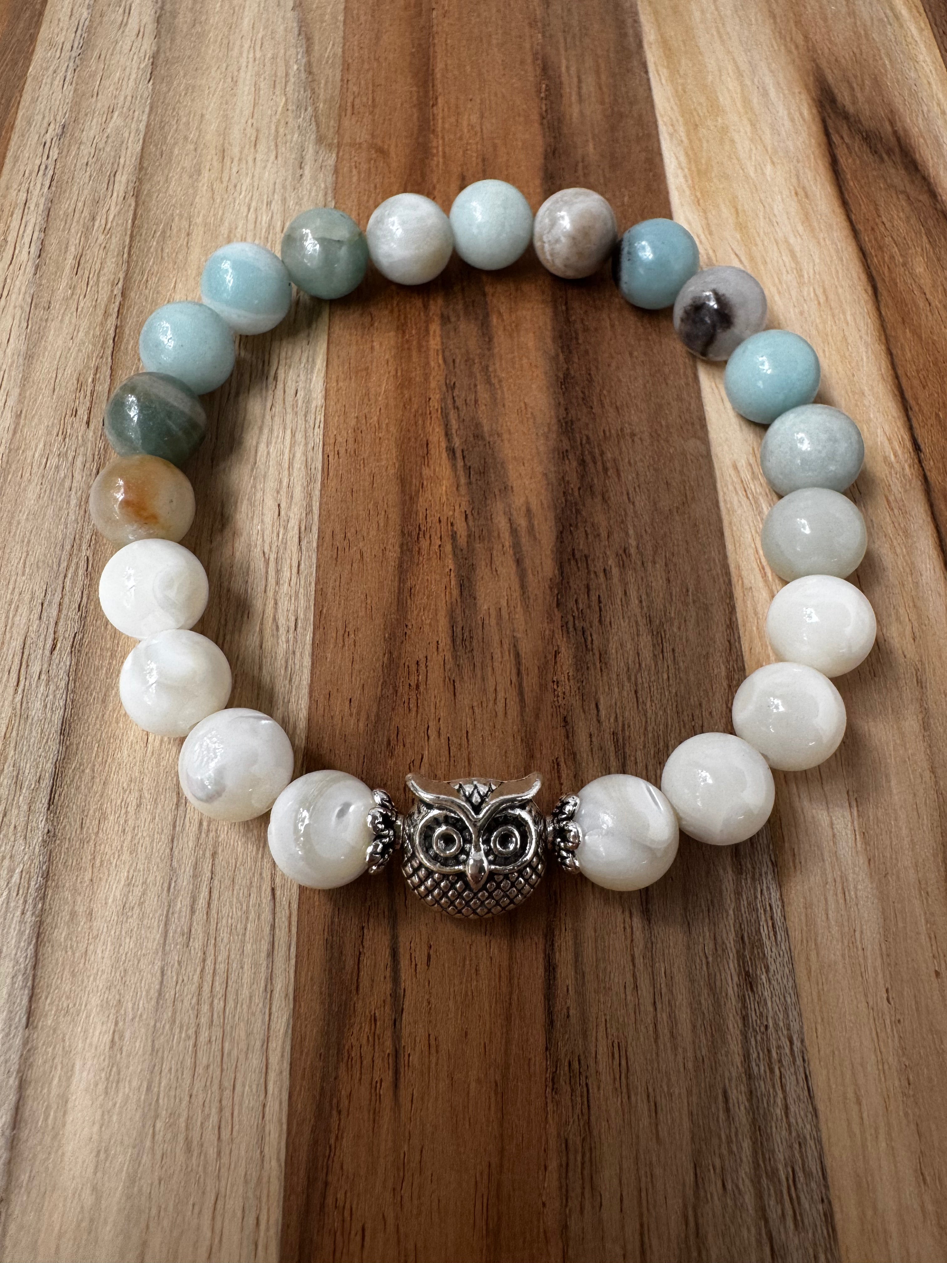 Owl Stretch Bracelet with Mother of Pearl and Amazonite Beads 7” 8mm beads