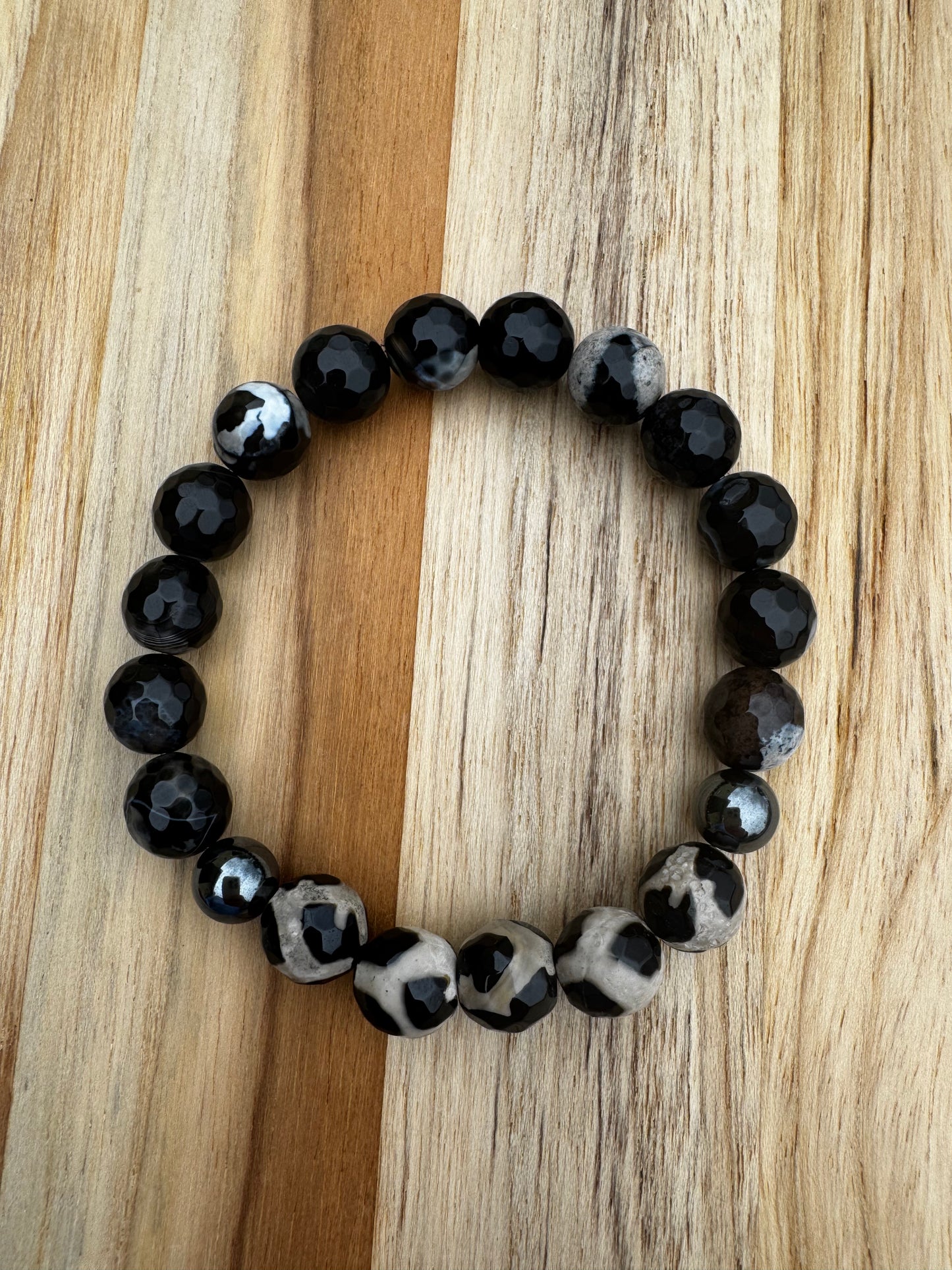 Bold Black Agate and Hematite Stretch Bracelet -~ 7” 10mm beads