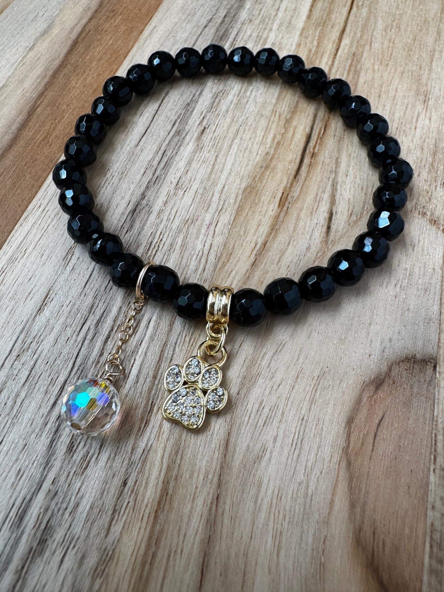 Dainty Faceted Black Onyx Stretch Bracelet with Paw and Crystal Charms