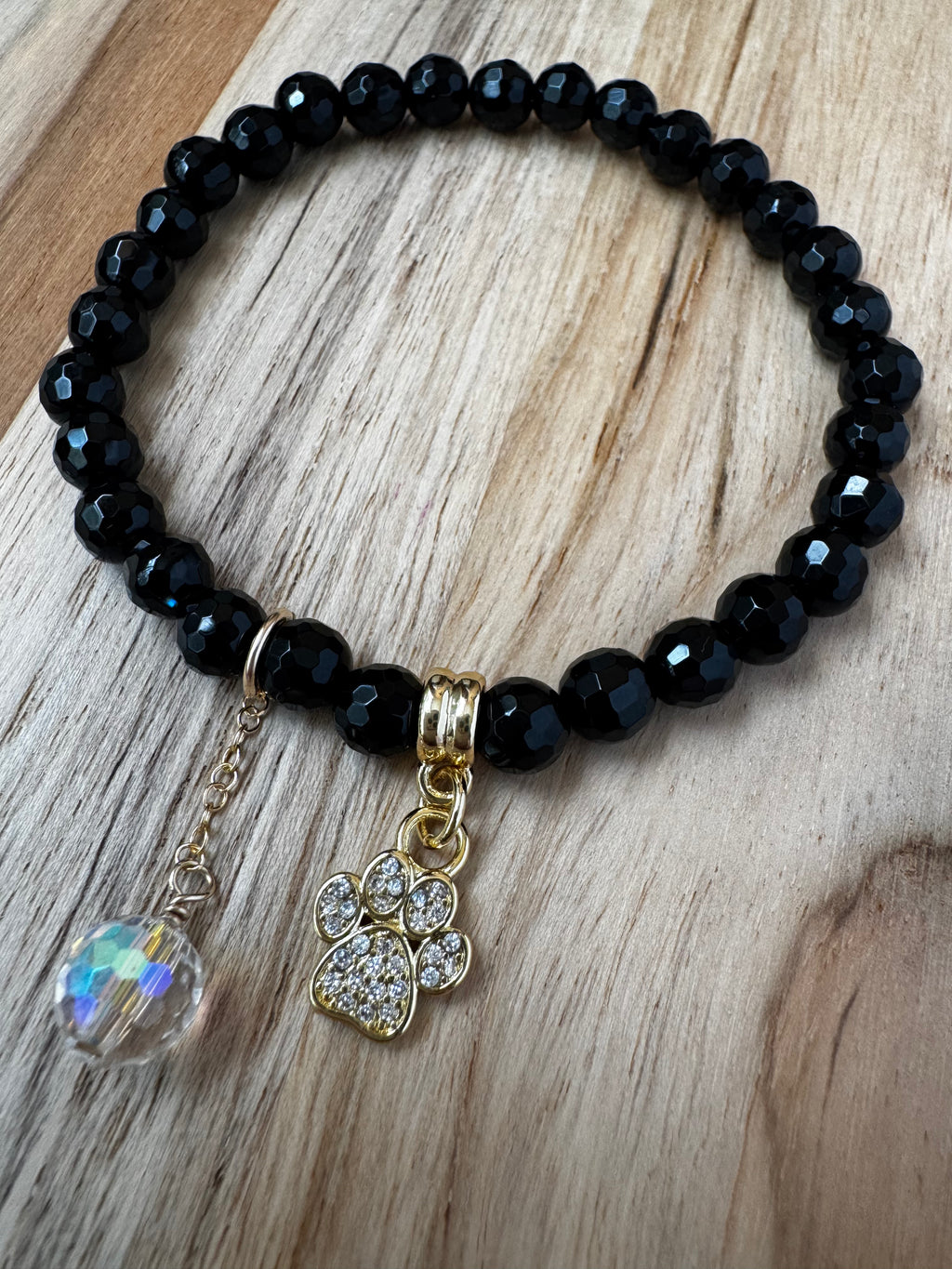 Dainty Faceted Black Onyx Stretch Bracelet with Paw and Crystal Charms