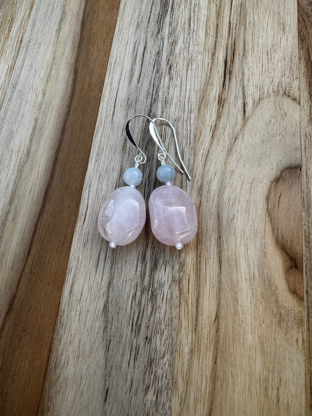 Rose Quartz Nugget and Aquamarine Dangle Earrings