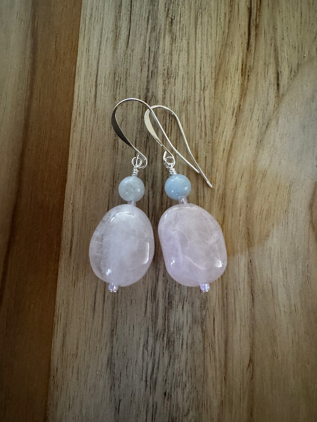 Rose Quartz Nugget and Aquamarine Dangle Earrings