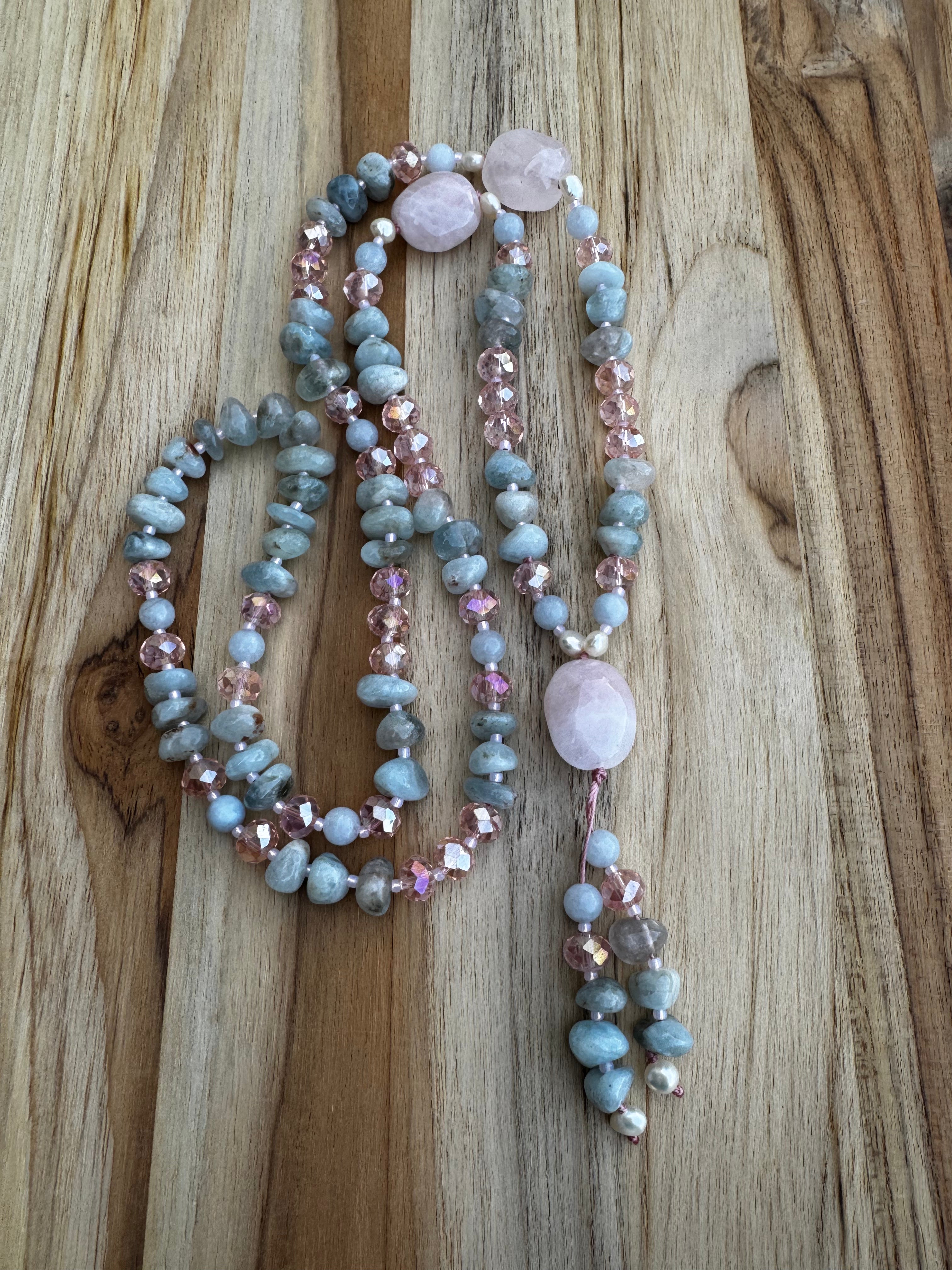 Aquamarine and Rose Quartz Dangle Necklace with Crystal and Pearl Accents
