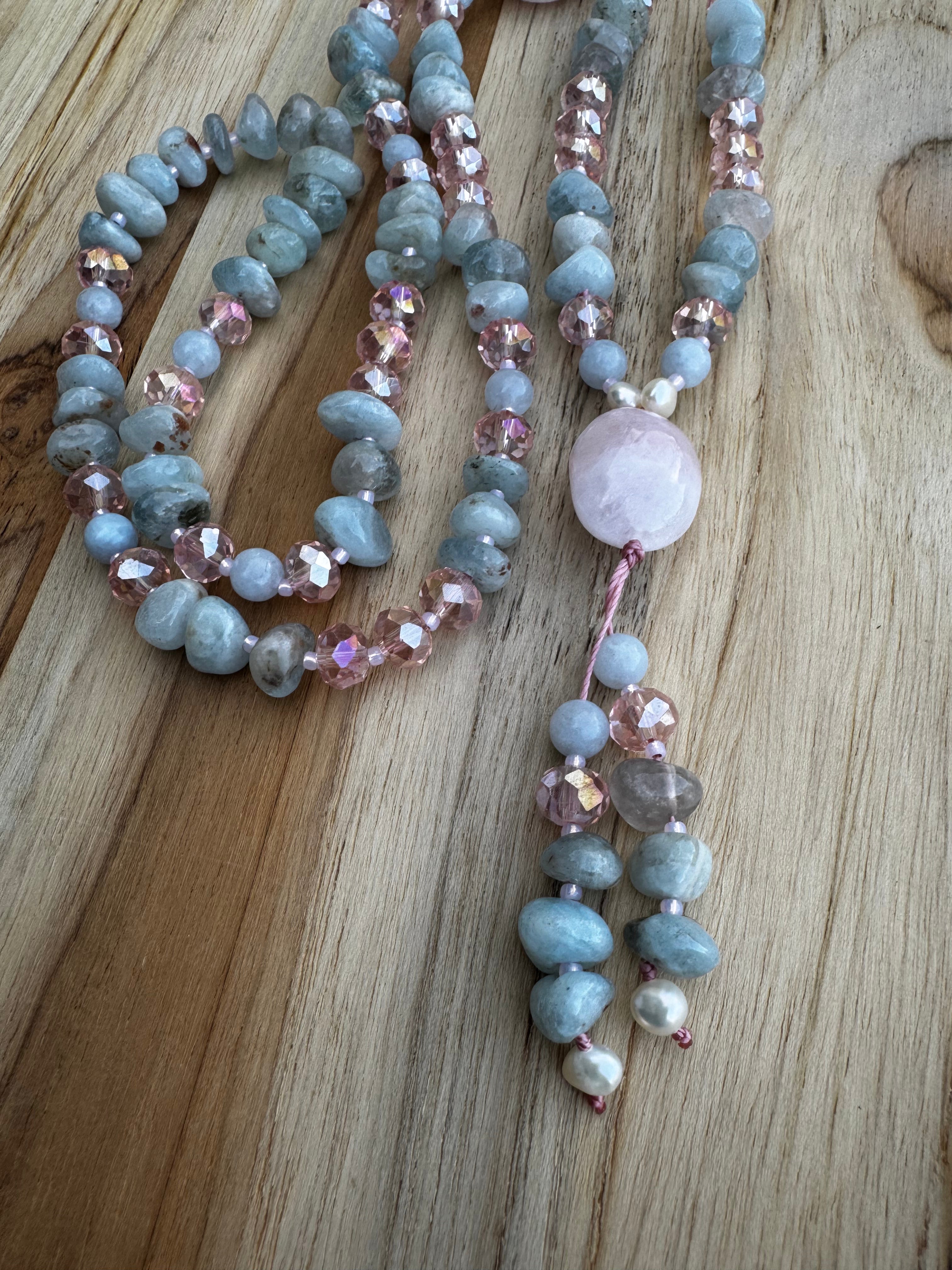 Aquamarine and Rose Quartz Dangle Necklace with Crystal and Pearl Accents