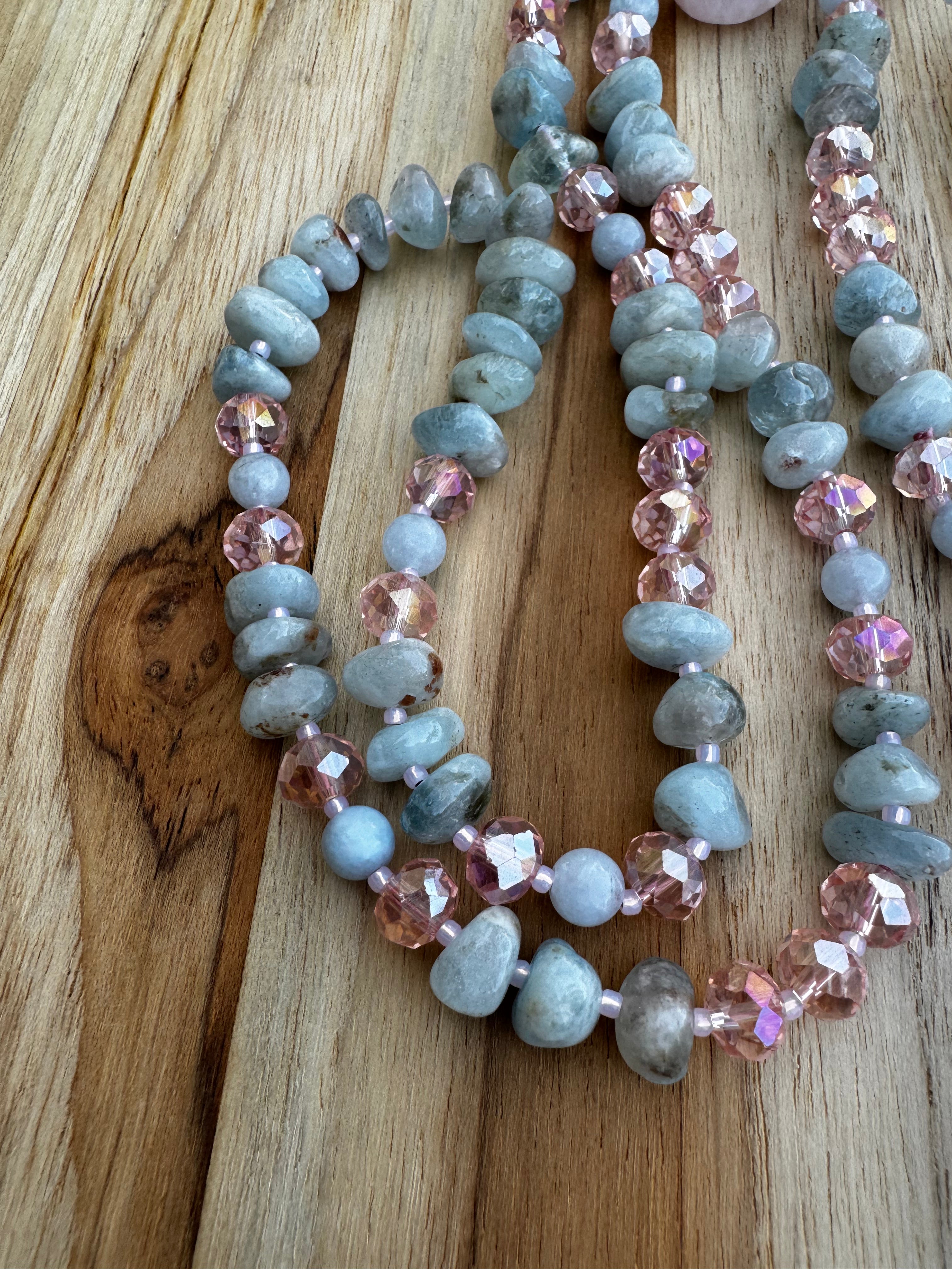 Aquamarine and Rose Quartz Dangle Necklace with Crystal and Pearl Accents