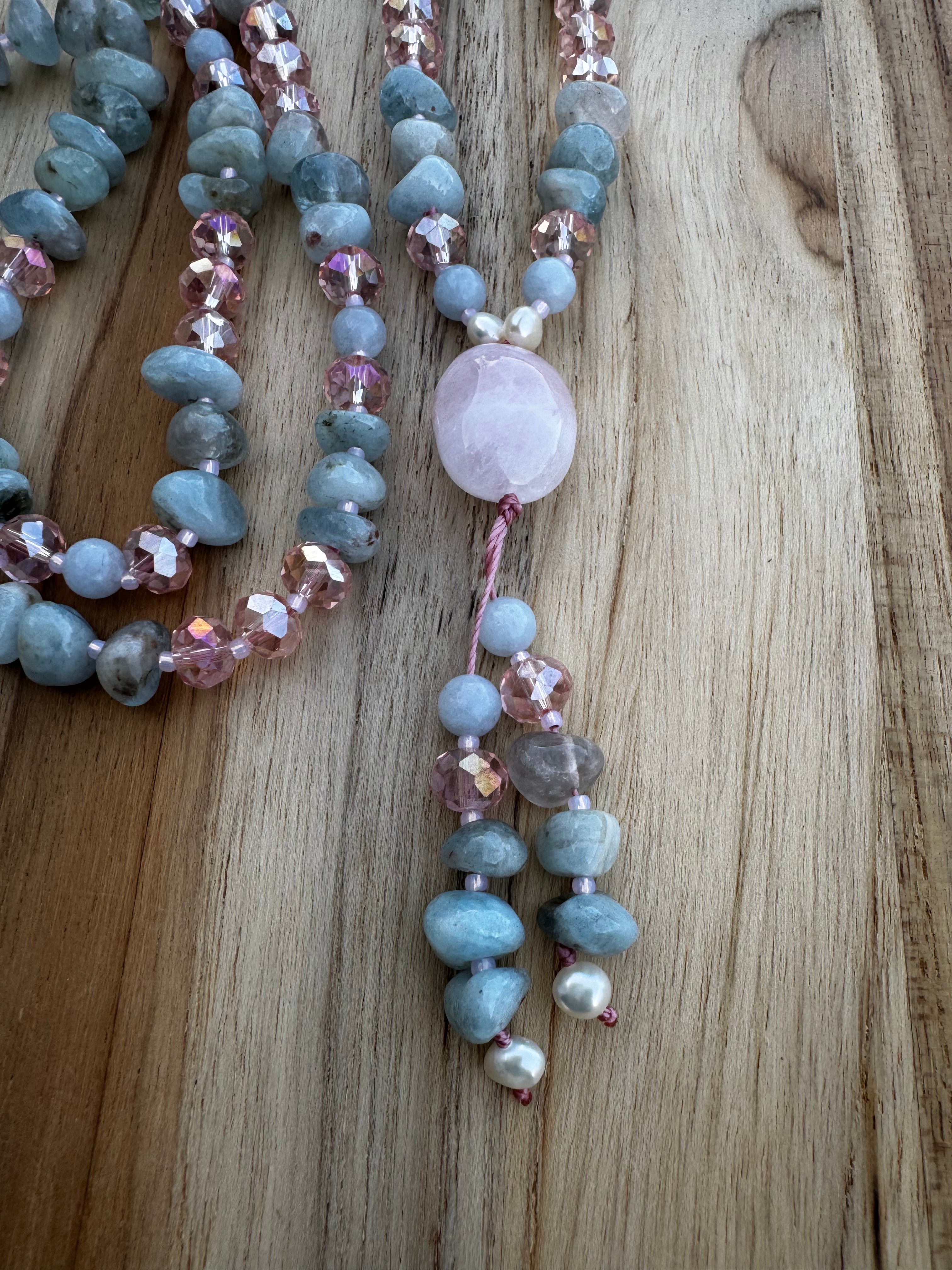 Aquamarine and Rose Quartz Dangle Necklace with Crystal and Pearl Accents