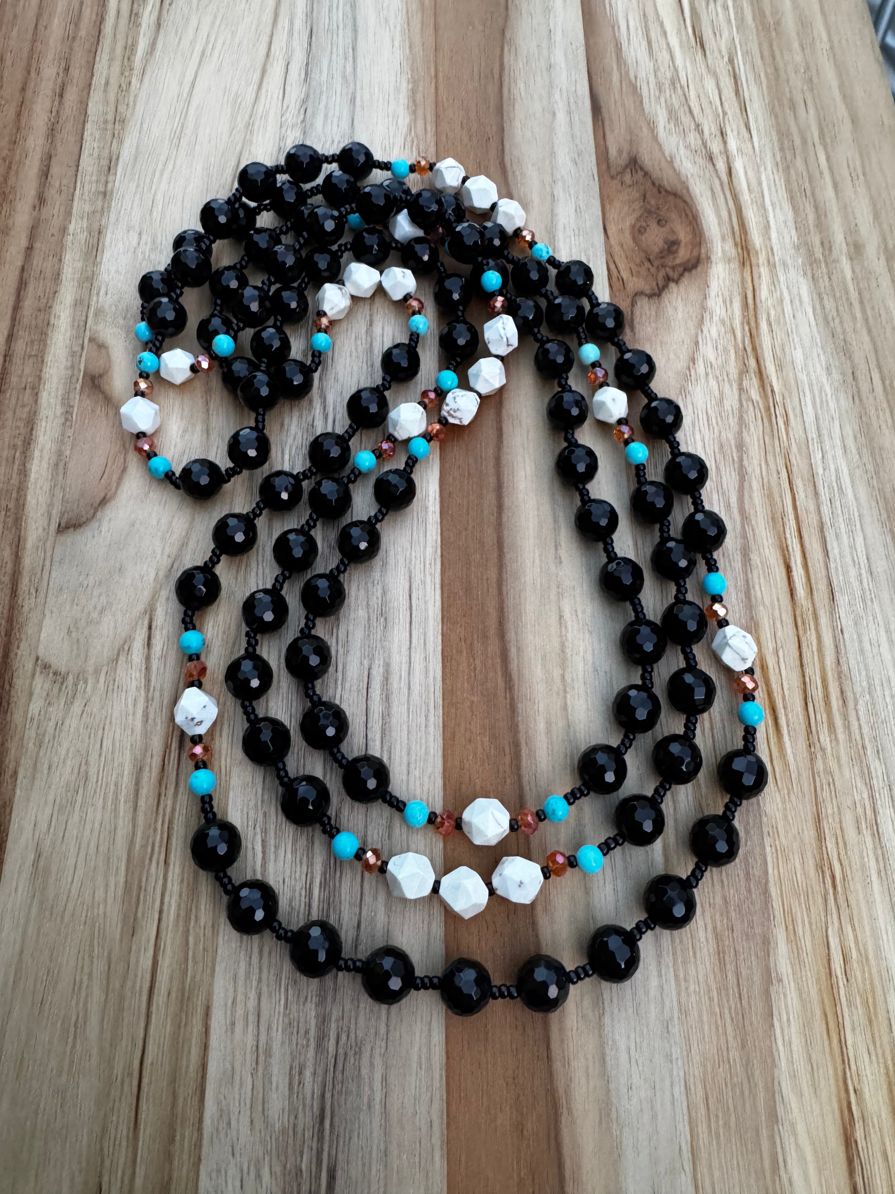 60” Extra Long Wraparound Style Faceted Black Onyx Necklace with Turquoise and Crystal Beads