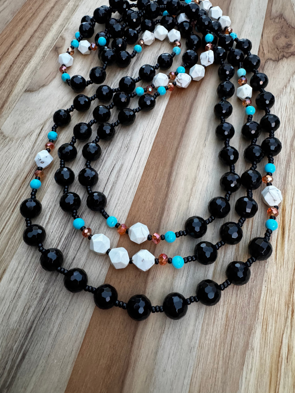 60” Extra Long Wraparound Style Faceted Black Onyx Necklace with Turquoise and Crystal Beads