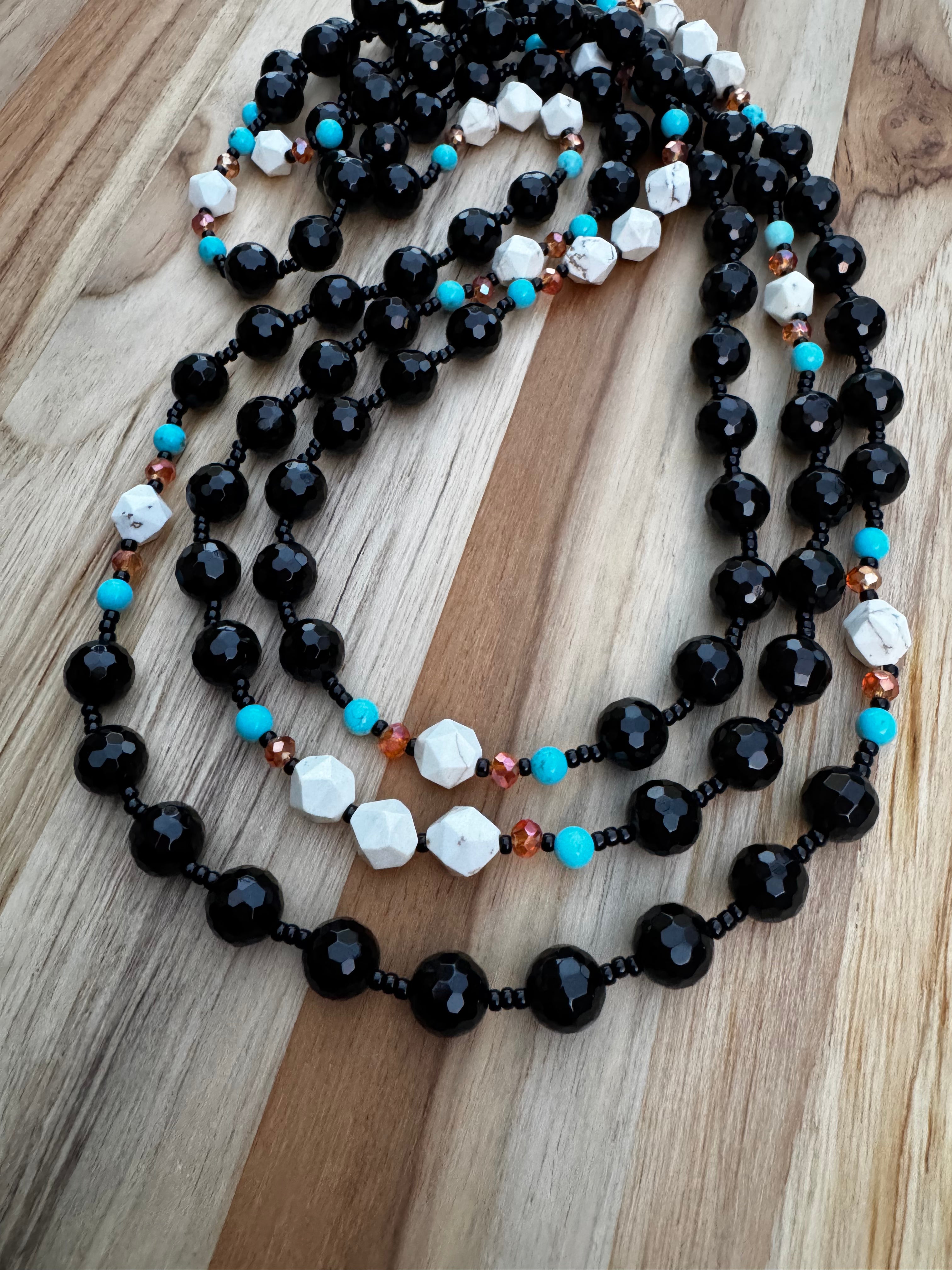 60” Extra Long Wraparound Style Faceted Black Onyx Necklace with Turquoise and Crystal Beads