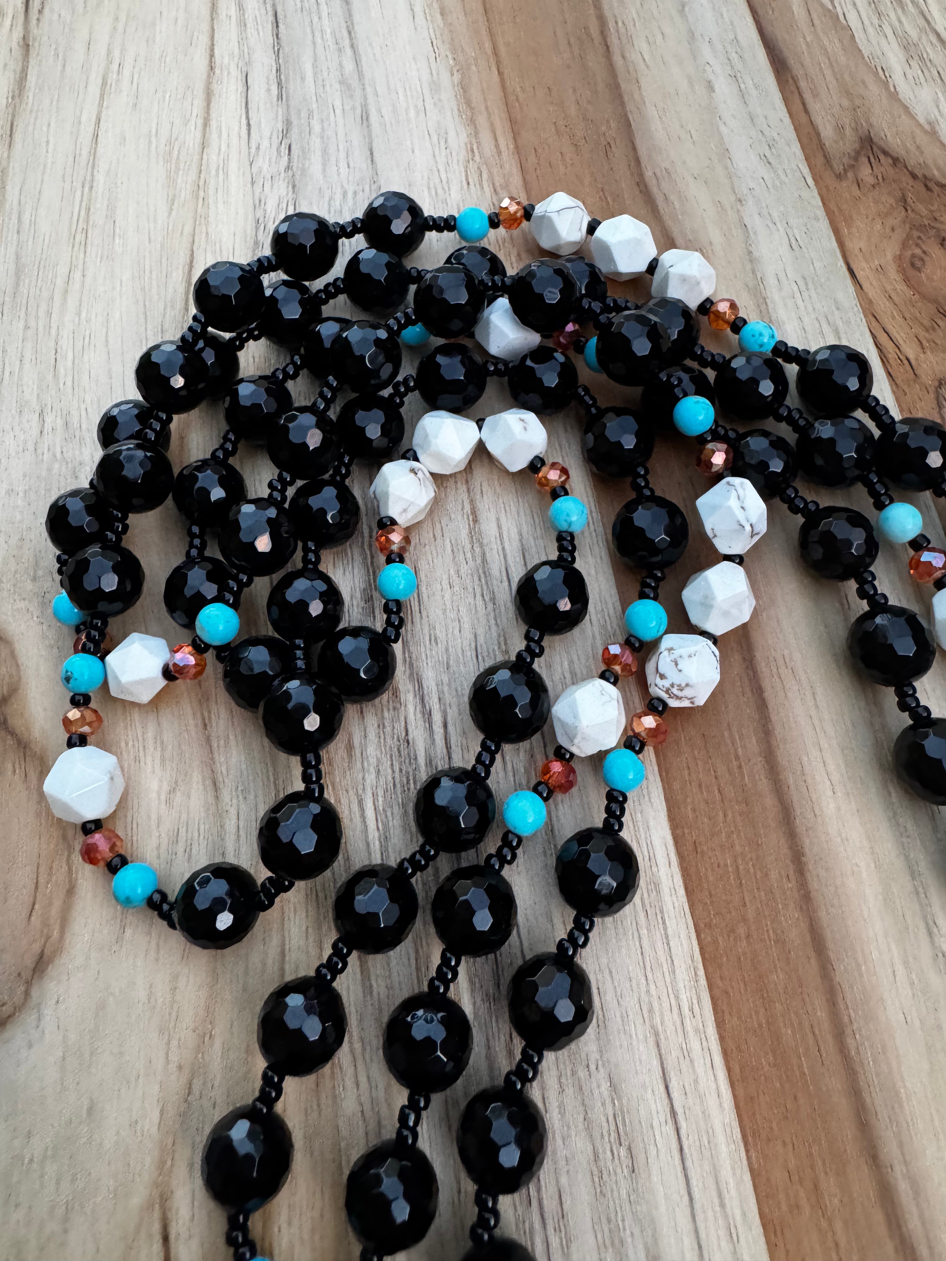 60” Extra Long Wraparound Style Faceted Black Onyx Necklace with Turquoise and Crystal Beads