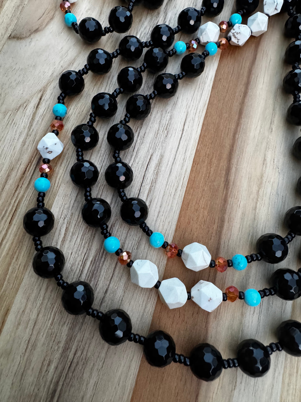 60” Extra Long Wraparound Style Faceted Black Onyx Necklace with Turquoise and Crystal Beads