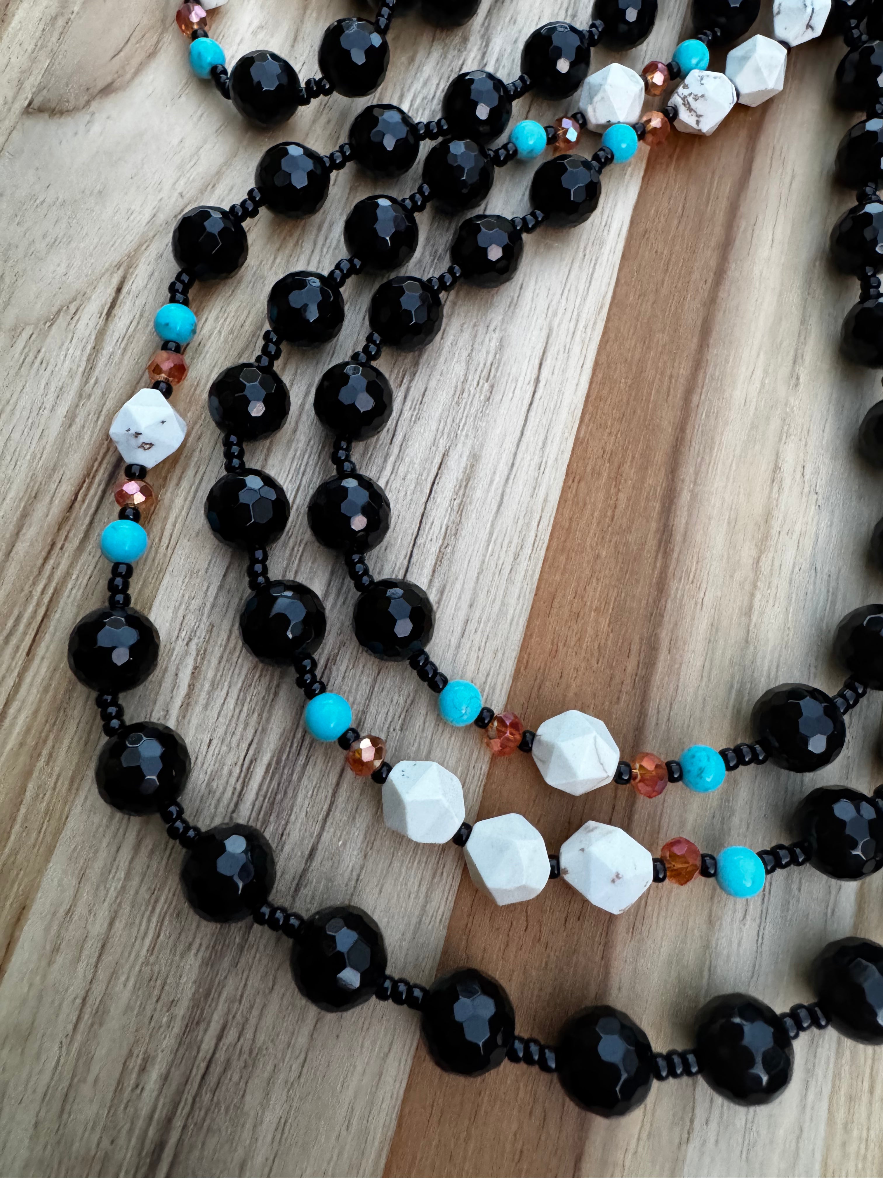 60” Extra Long Wraparound Style Faceted Black Onyx Necklace with Turquoise and Crystal Beads