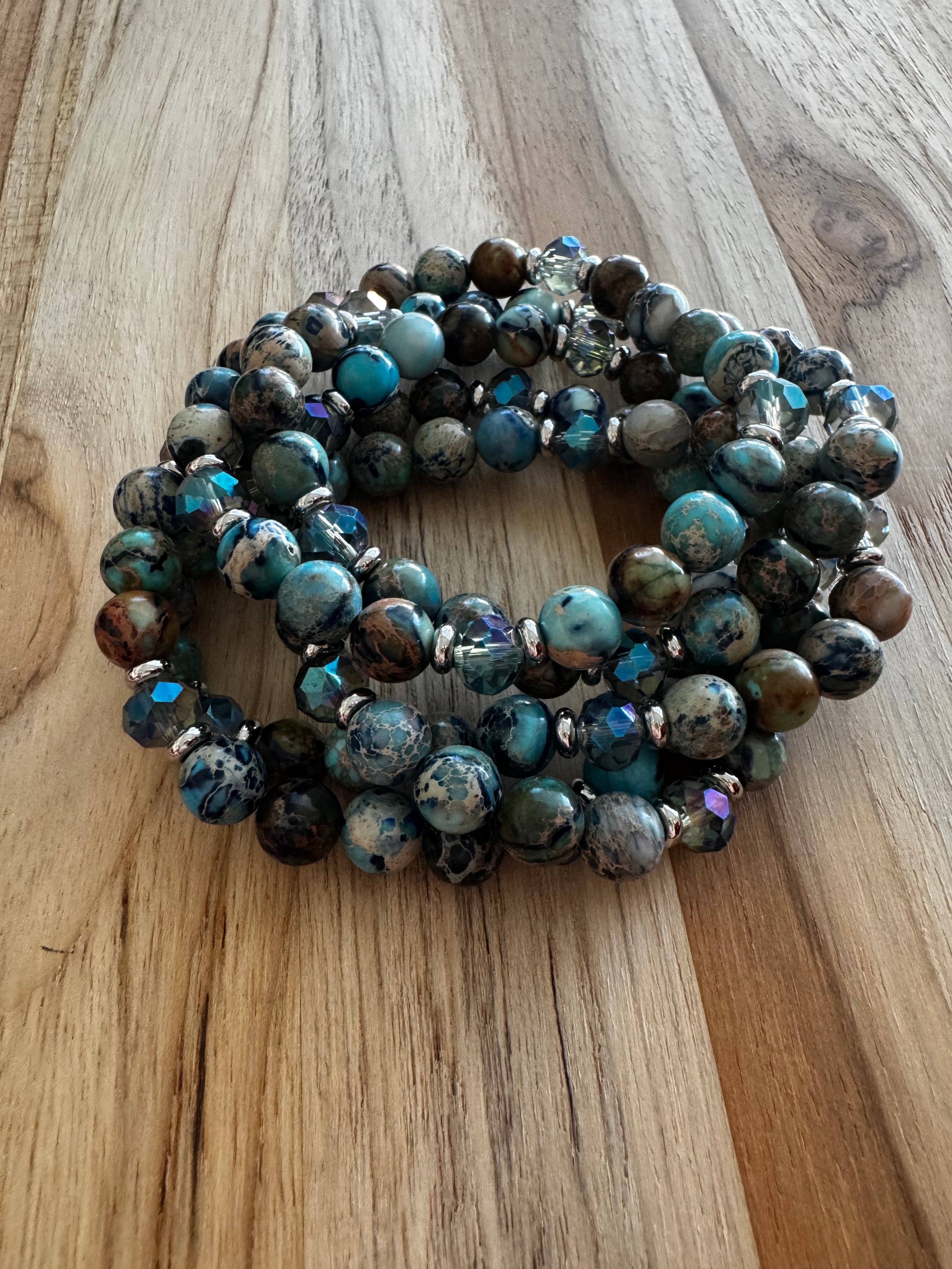 Dark Sky Blue Sea Sediment Jasper Stretch Bracelet with Crystal and Stainless Steel