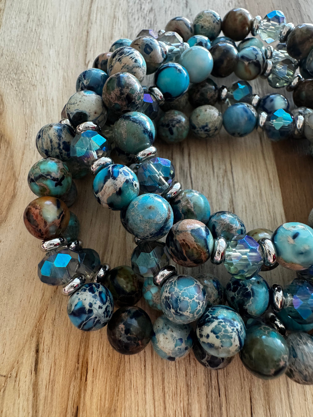 Dark Sky Blue Sea Sediment Jasper Stretch Bracelet with Crystal and Stainless Steel