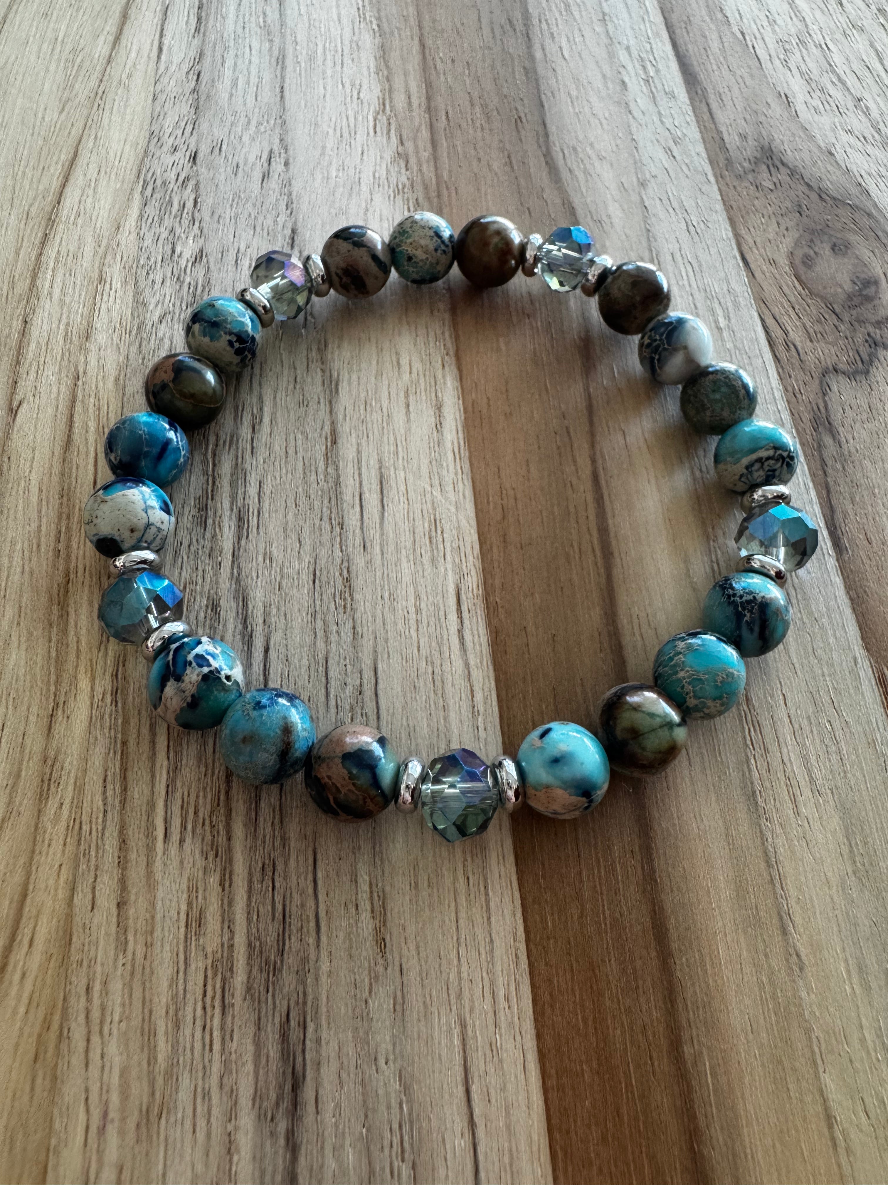 Dark Sky Blue Sea Sediment Jasper Stretch Bracelet with Crystal and Stainless Steel