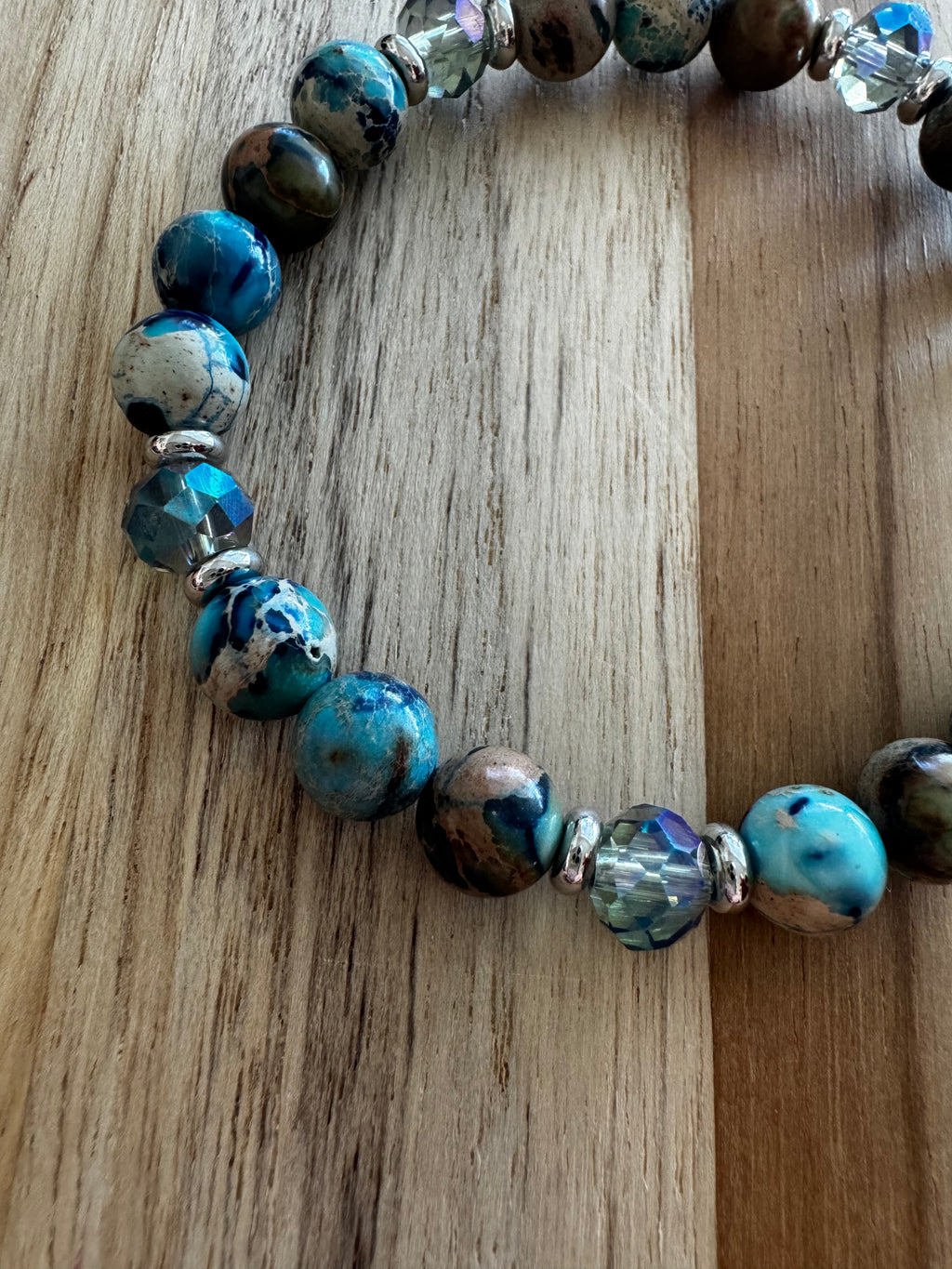 Dark Sky Blue Sea Sediment Jasper Stretch Bracelet with Crystal and Stainless Steel